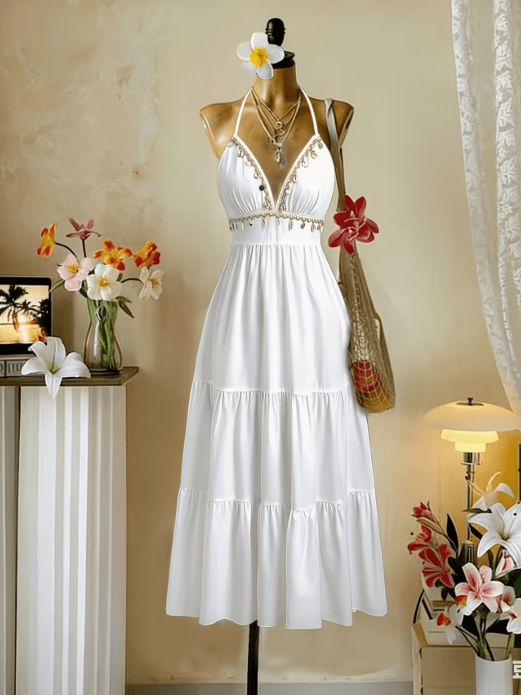 Women's Shell-Trimmed Tie-Waist Midi Strapless Camisole