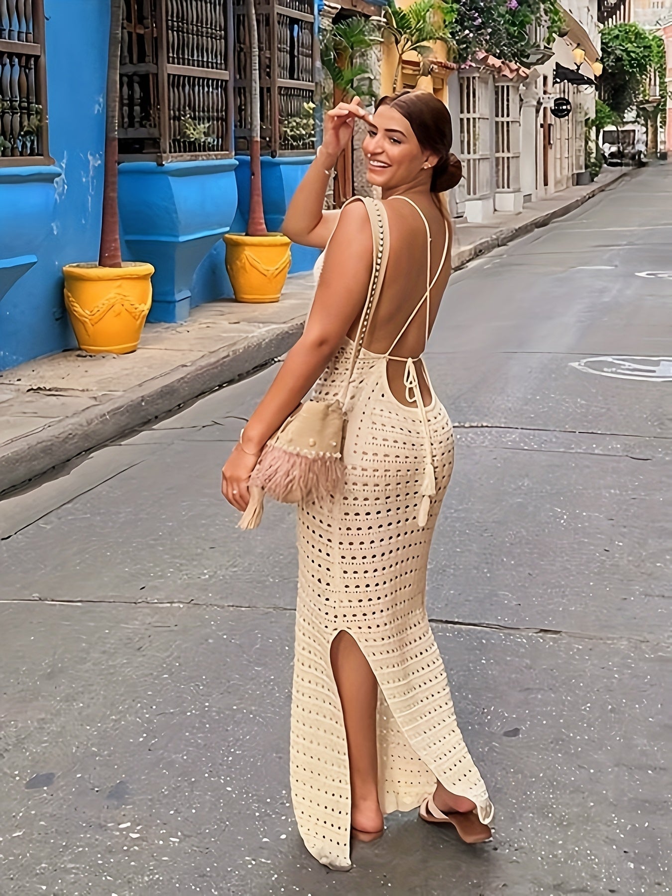 Hollow Out Knitted Backless Crisscross Strap Tie Back Elegant Style Plain Khaki Split Side Cover Up Dress, Women's Swimwear & Clothing