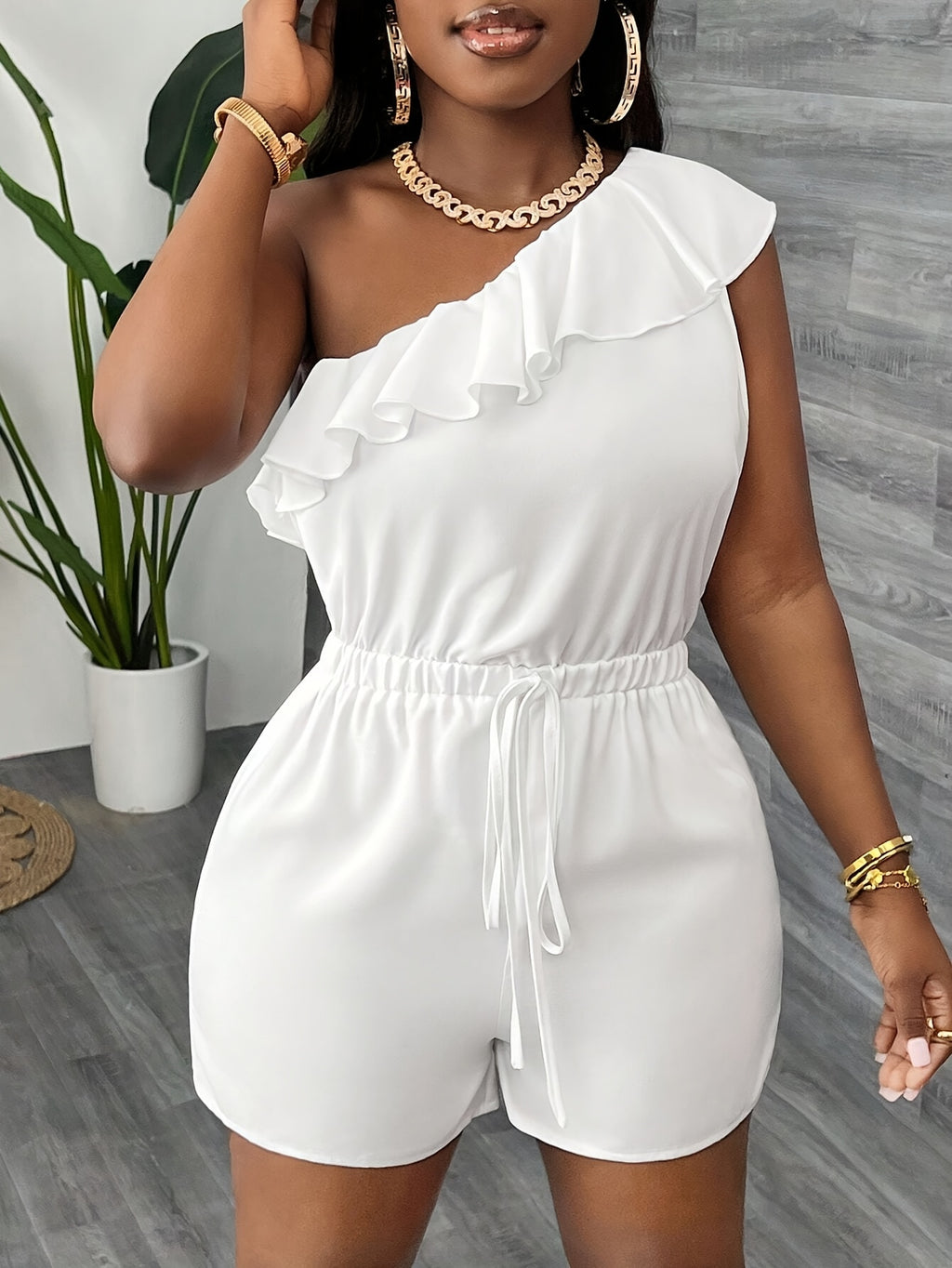 Elegant Vacation Casual Outfit with Ruffled Waist, White Women'S Jumpsuit