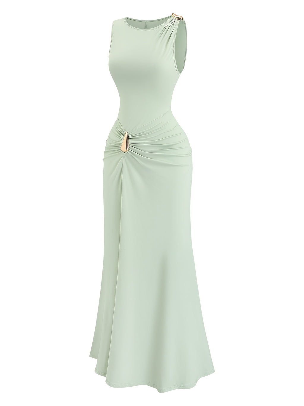 Plus Size Waist-Cinching Metal Buckle Pleated Maxi Dress