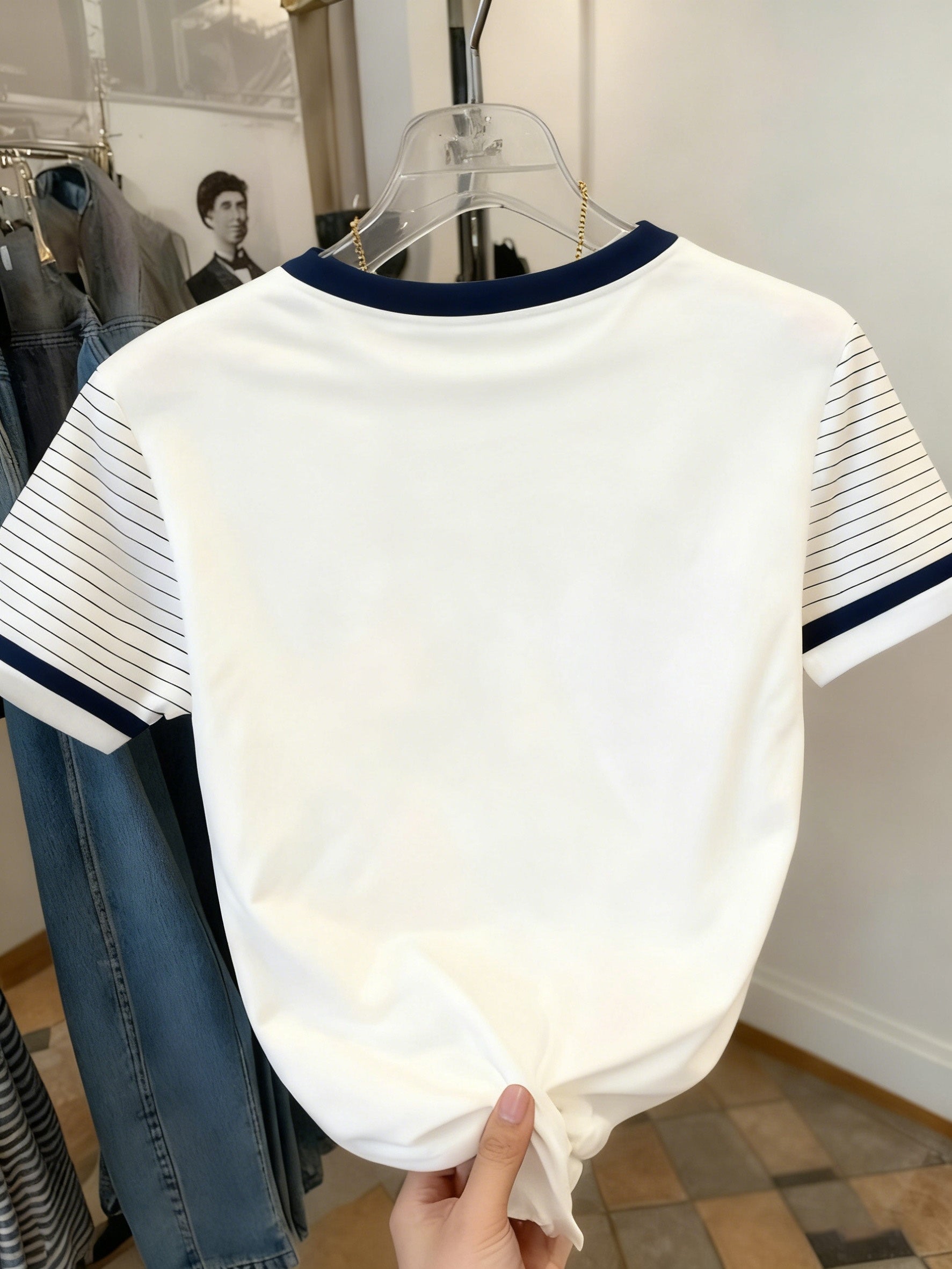 Women's Retro Striped Embroidered Round Neck Casual Top