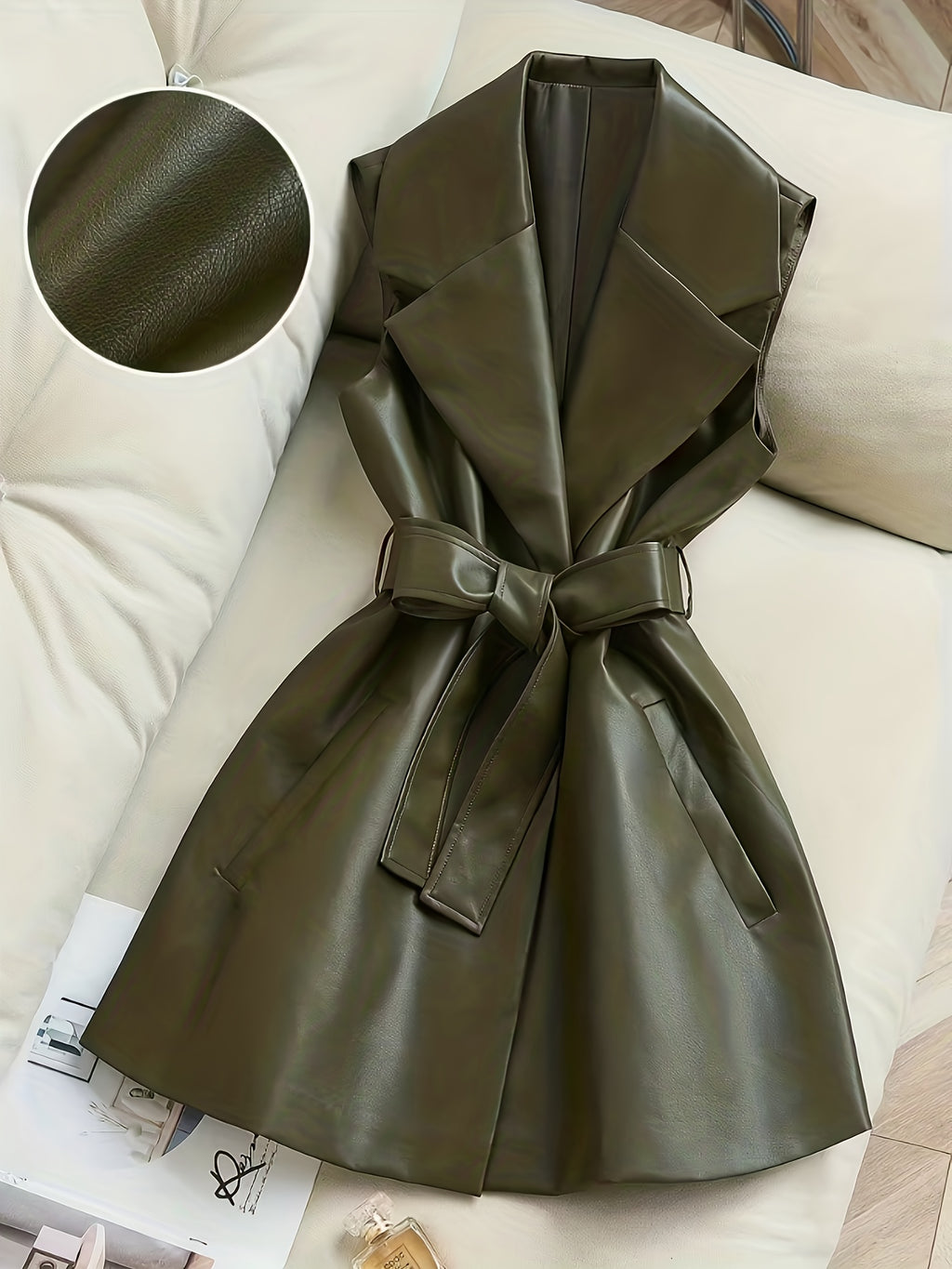 Olive Green Belted Vintage Lapel Jacket