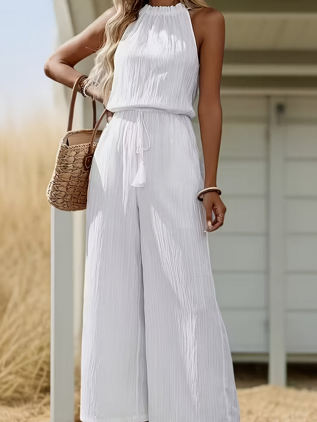 Women'S Elegant Off-Shoulder Sleeveless Wide-Leg Jumpsuit Design. All-Season Casual, Formal Occasion Wear, Machine Washable Non-Stretch Fabric (Versatile Multi-Occasion Women'S Clothing)