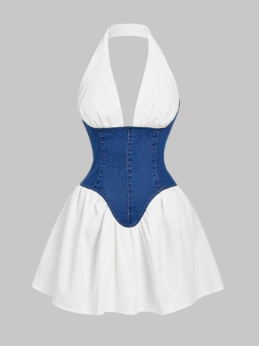 Color Block Halter Denim Dress