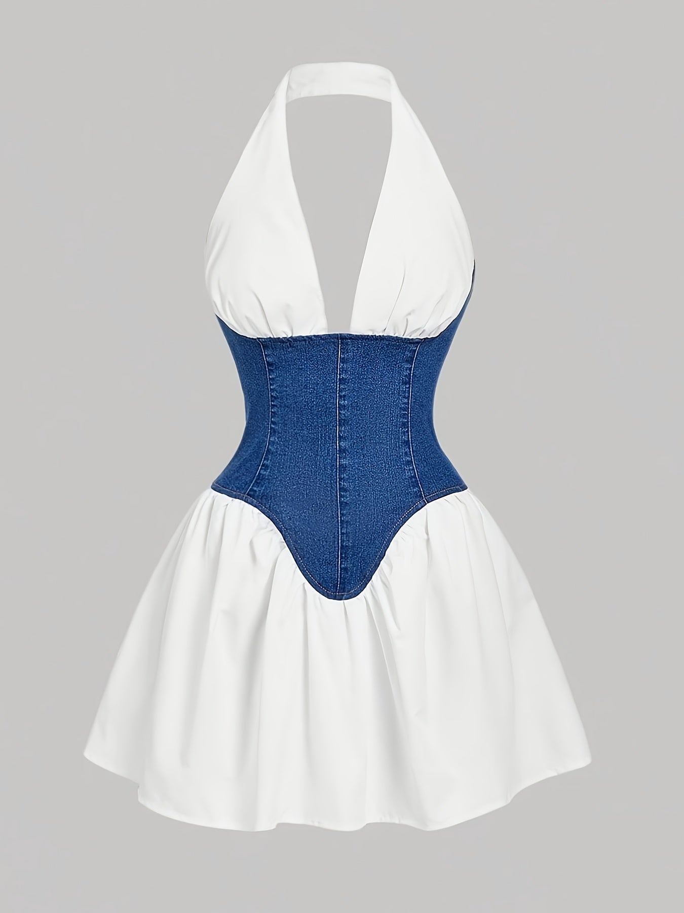 Color Block Halter Denim Dress