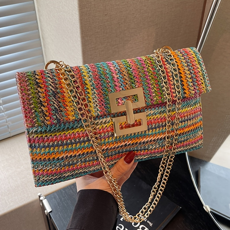 New Women'S Fashion Solid Striped Contrast Color Block Design Chain Shoulder Strap Single Shoulder Bag, Colorful Versatile Easy Casual Elegant Women'S Crossbody Bag, Classic Square Bag, Work Bag, Suitable for Daily Outing Shopping, Commuting