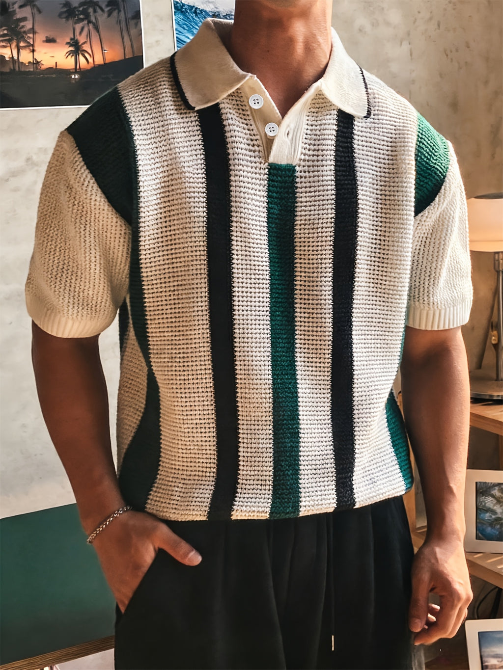 Men's Striped Contrast Polo Knit Pullover