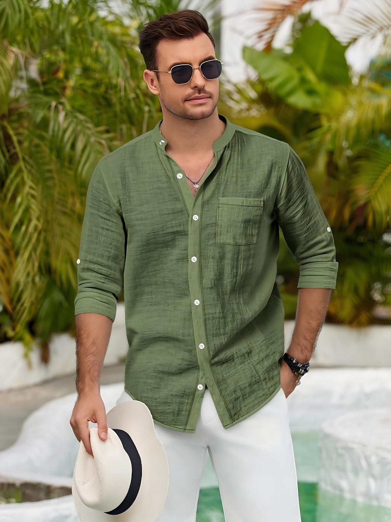 Men's Linen Stand Collar Long Sleeve Shirt