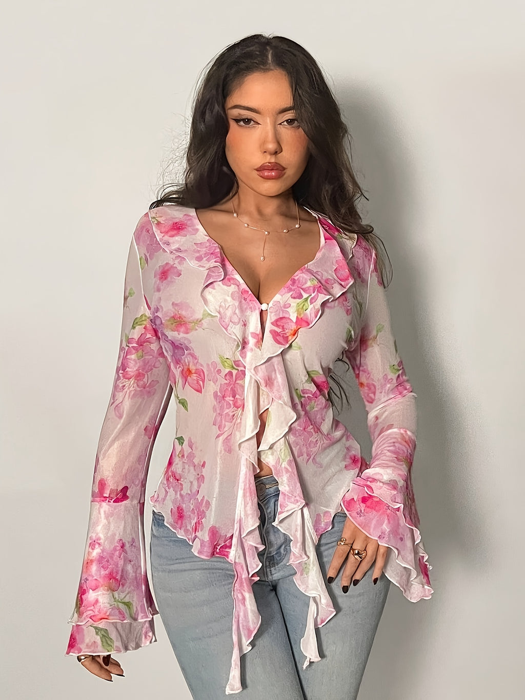 Women's Floral V-Neck Ruffle Long Sleeve Tulle Top