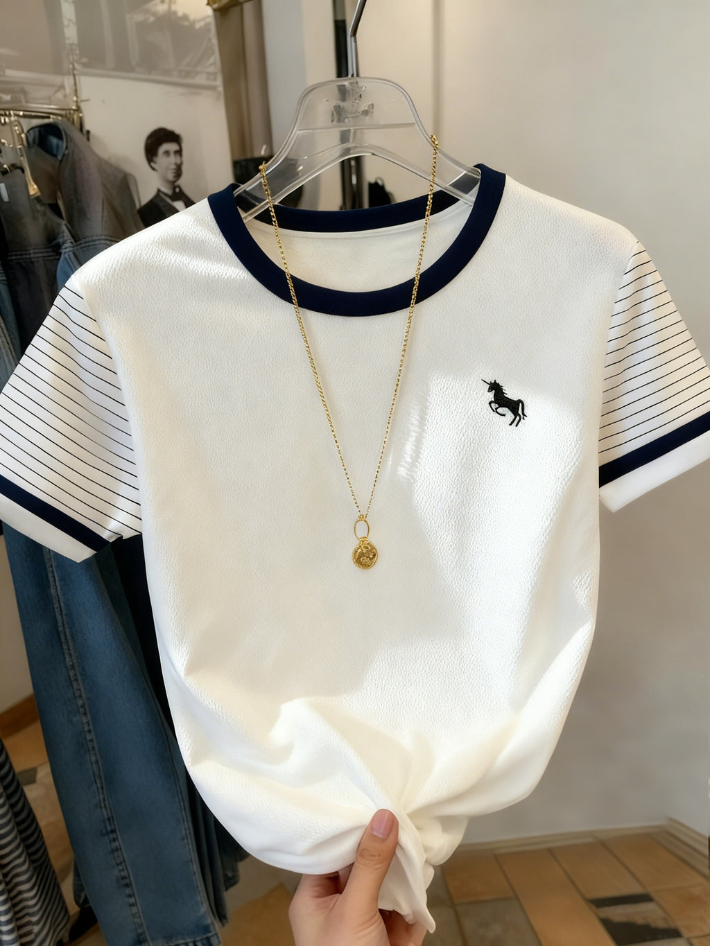 Women's Retro Striped Embroidered Round Neck Casual Top