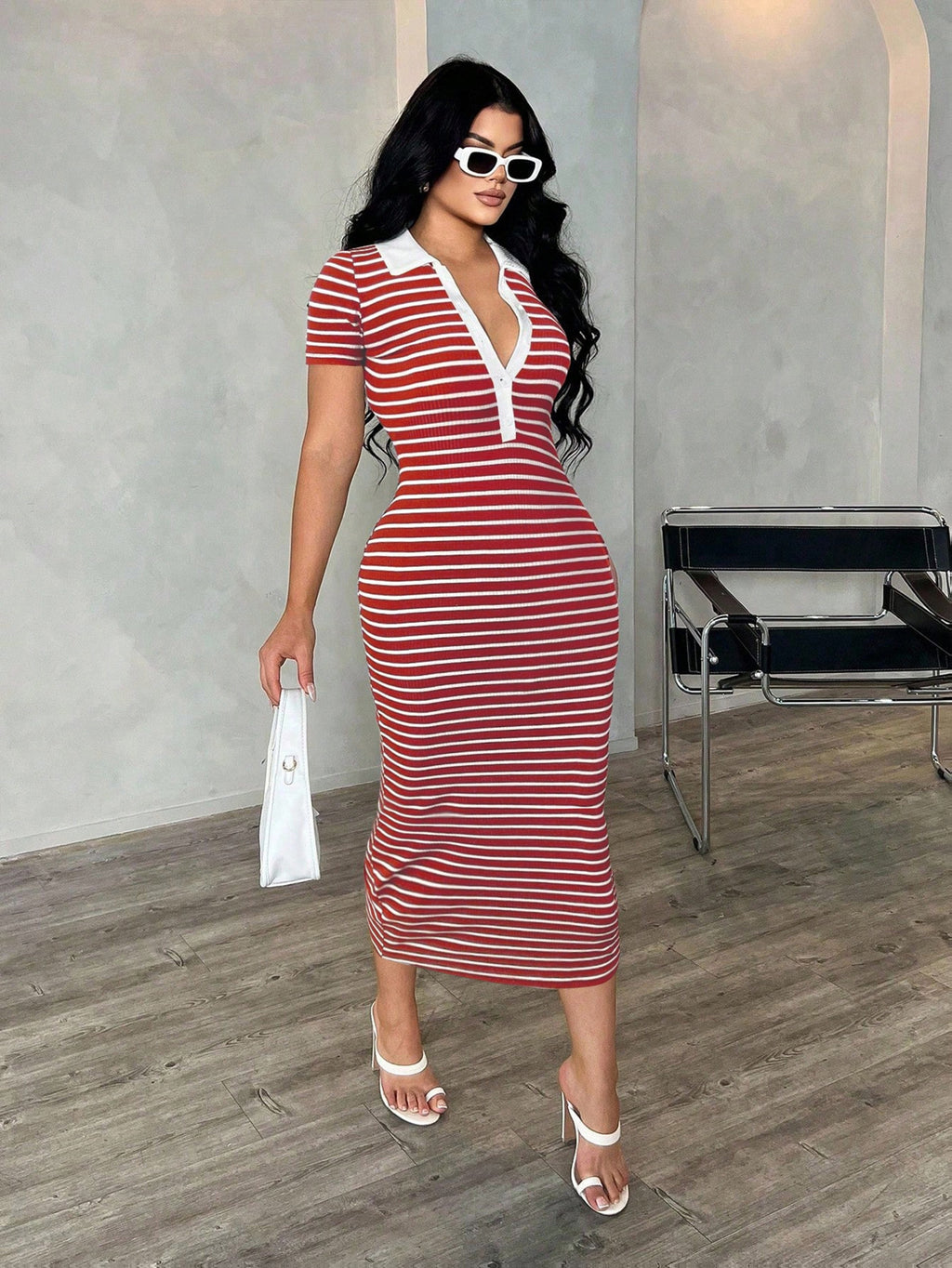 Women's Striped Short Sleeve French Midi Dress