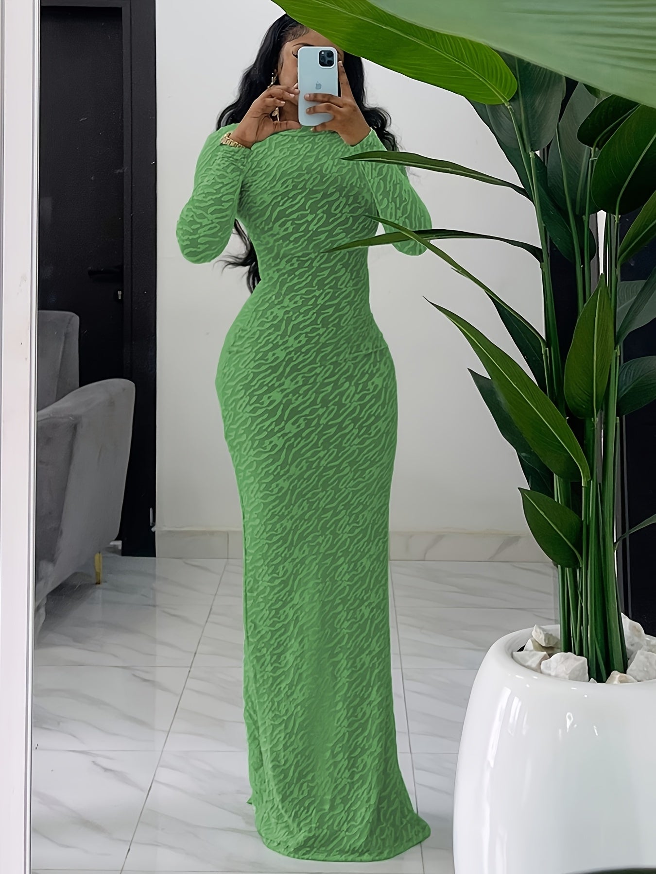 Plus Size Ribbed Round Neck Slim Hip-Wrap Maxi Dress