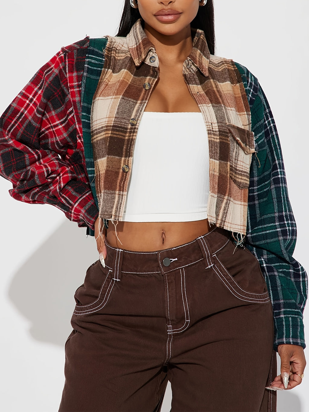 Women's Casual Patchwork Plaid Long Sleeve Cropped Top