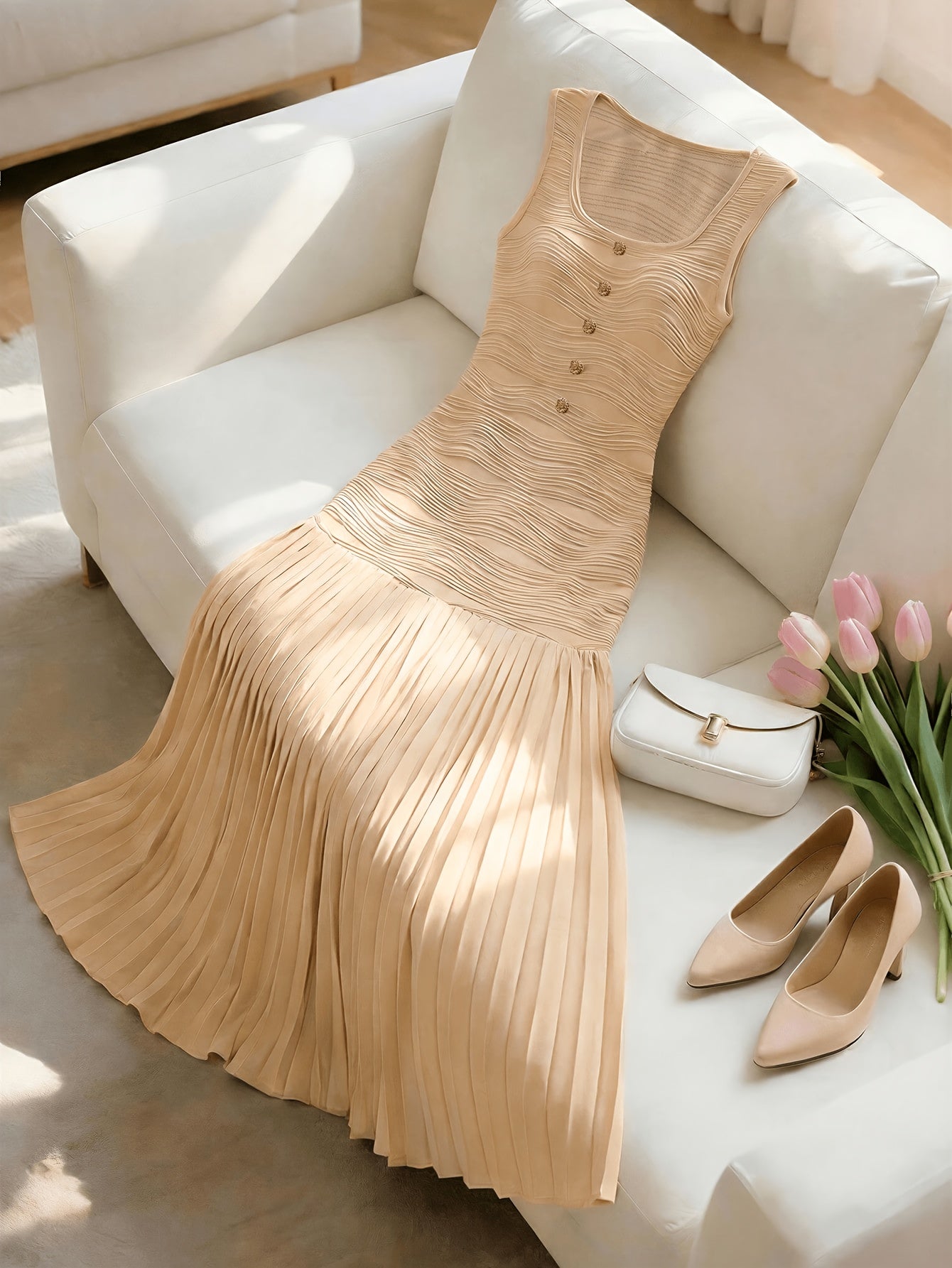 Women's Pleated Patchwork Textured Party Dress
