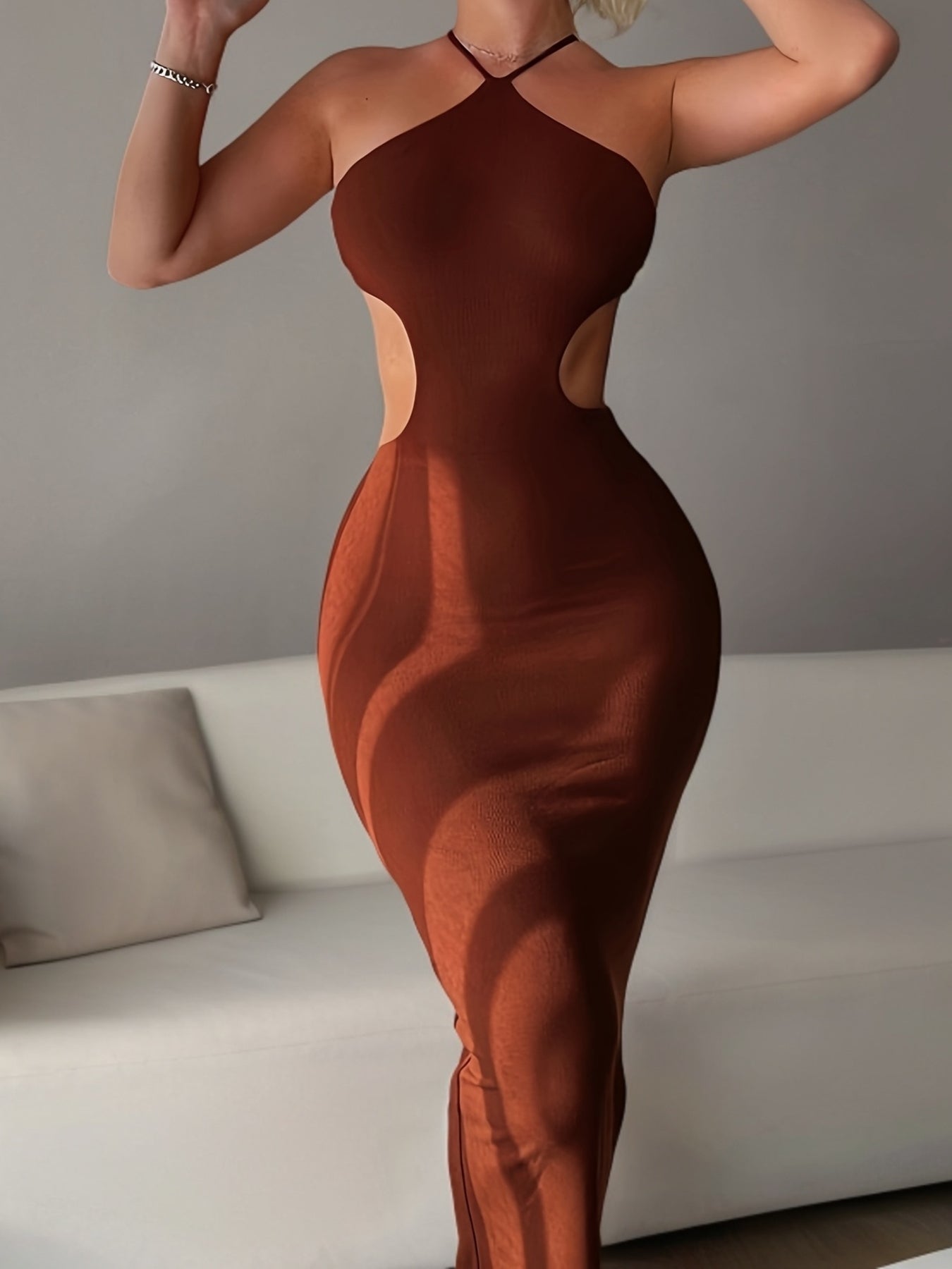 1pc Women'S Open Back Hollow Out Strap Backless Dress with Halter Neck Fitted Bodycon Dress for Layering, Commuting, And Home