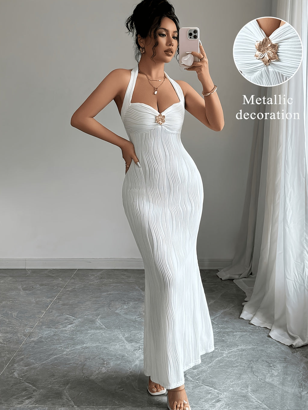 Elegant Women's Solid Color Mermaid Dress with Floral Pattern, Metal Buckle Detailing, and Slim-fit Design