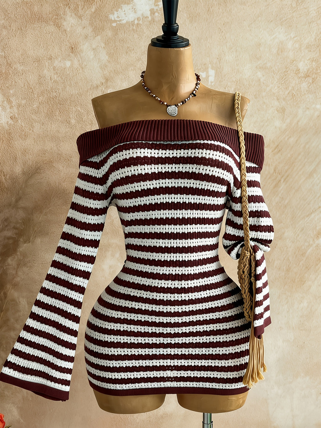 Women's Off-Shoulder Striped Bell Sleeve Bohemian Dress