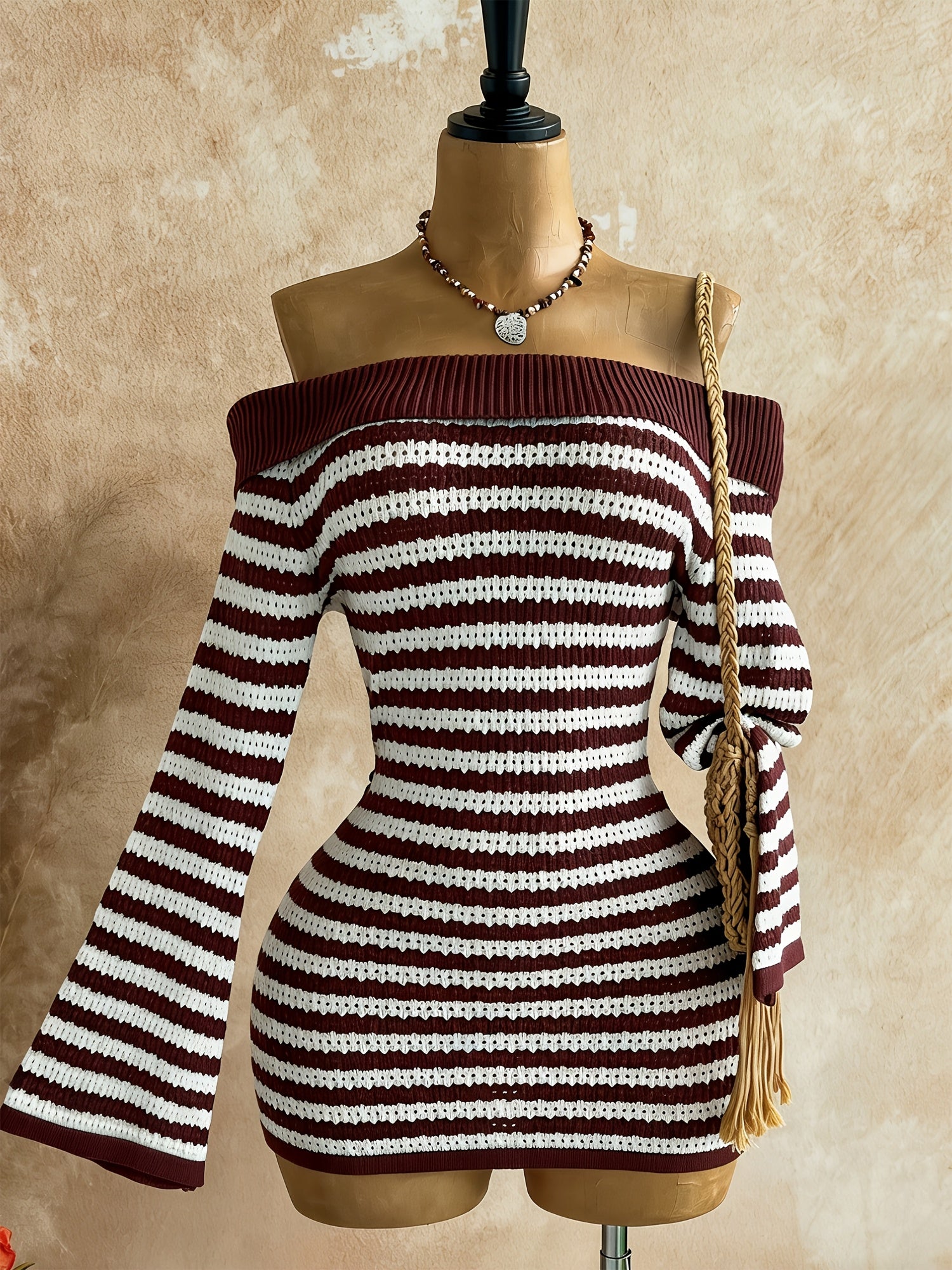 Women's Off-Shoulder Striped Bell Sleeve Bohemian Dress