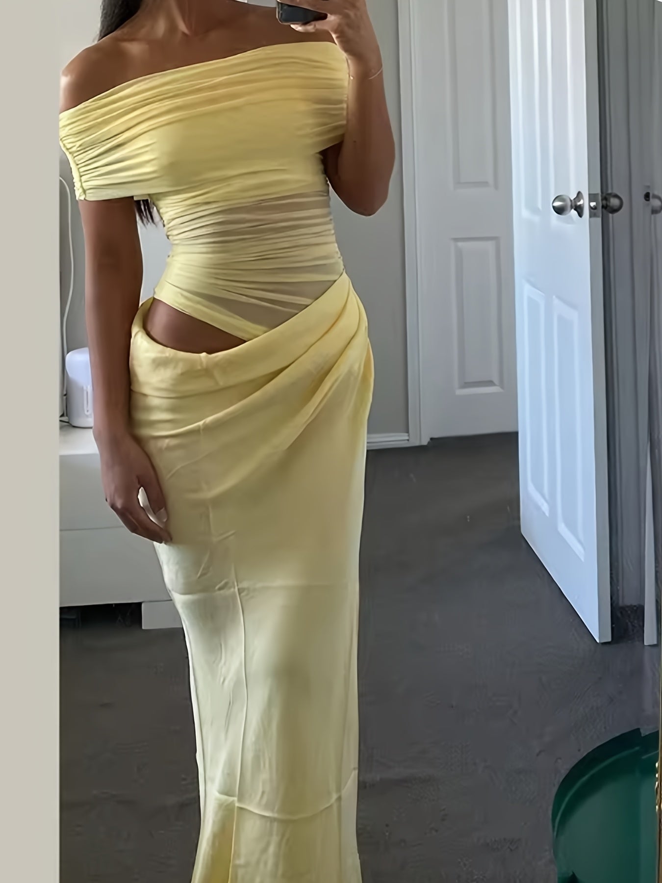 French Vacation Style Yellow Off Shoulder Maxi Dress, Sheer Mesh Ruched Slim Fit Dress
