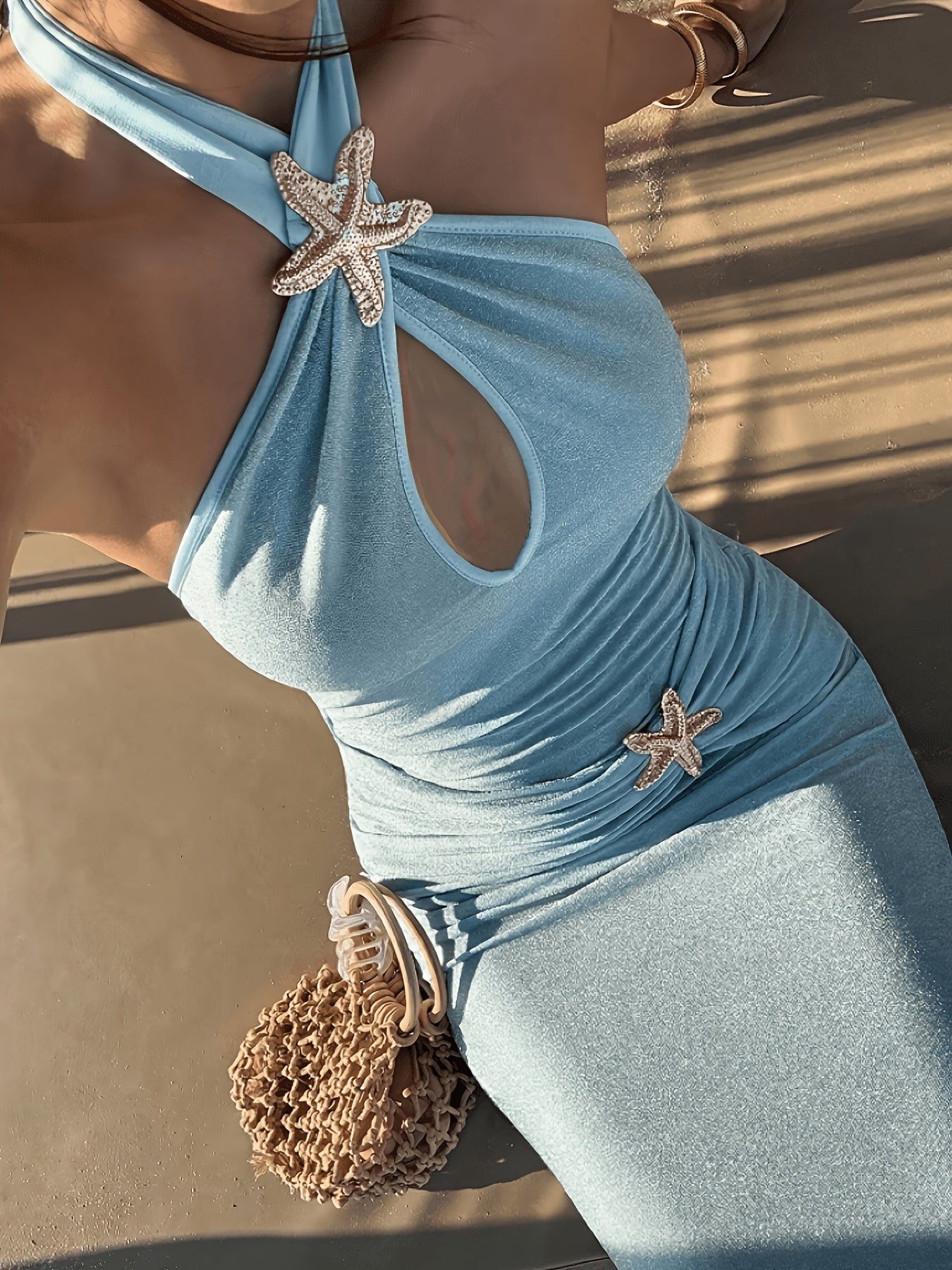 Women's Metallic Thread Off-Shoulder Starfish Maxi Dress