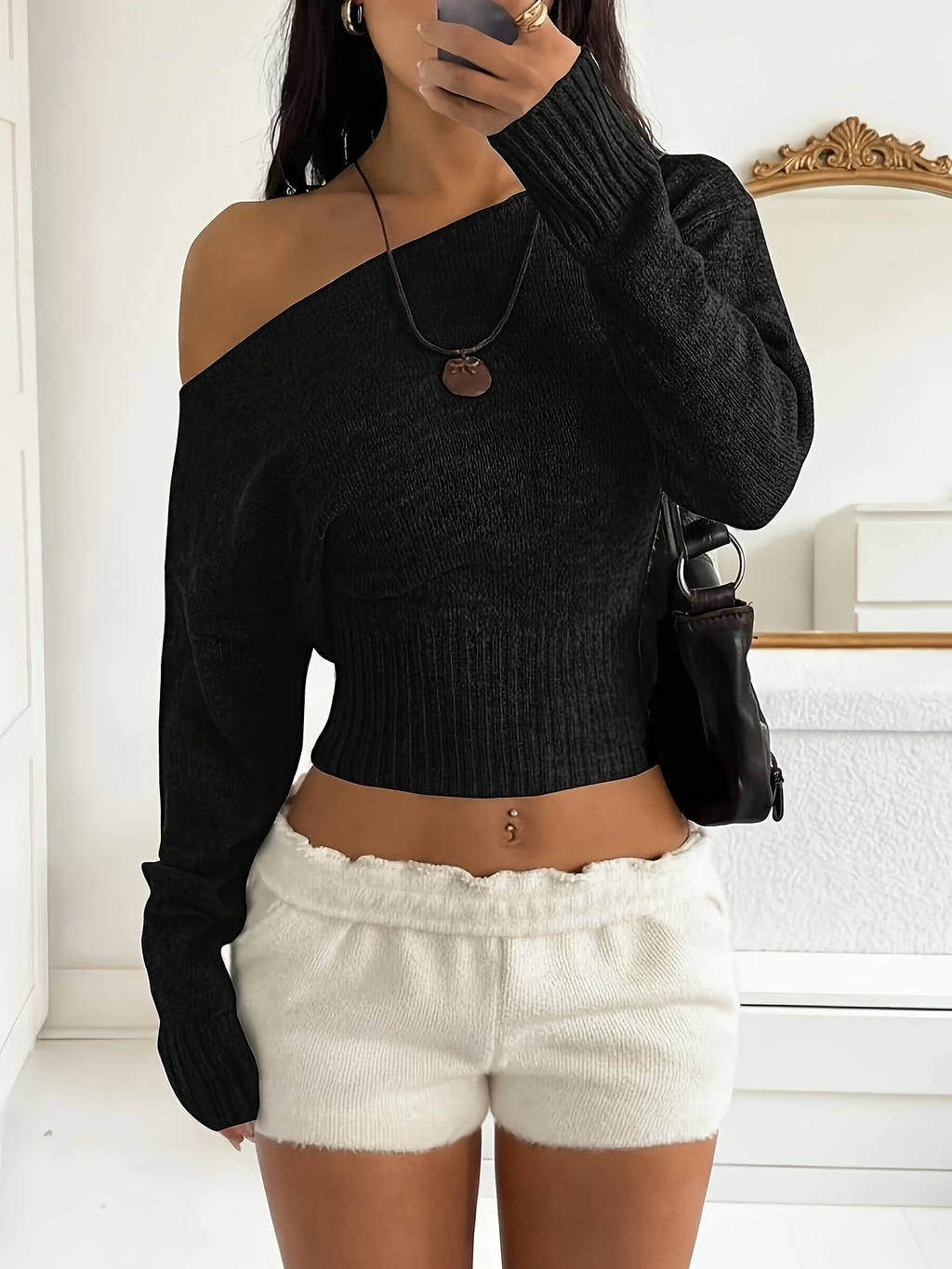 Elegant Neck/Off-Shoulder Slim Fit Sweater - Medium-Stretch Solid Color Top Suitable for Parties, Weddings & -Casual Wear - Year-Round Versatile Blouse (No Padding)