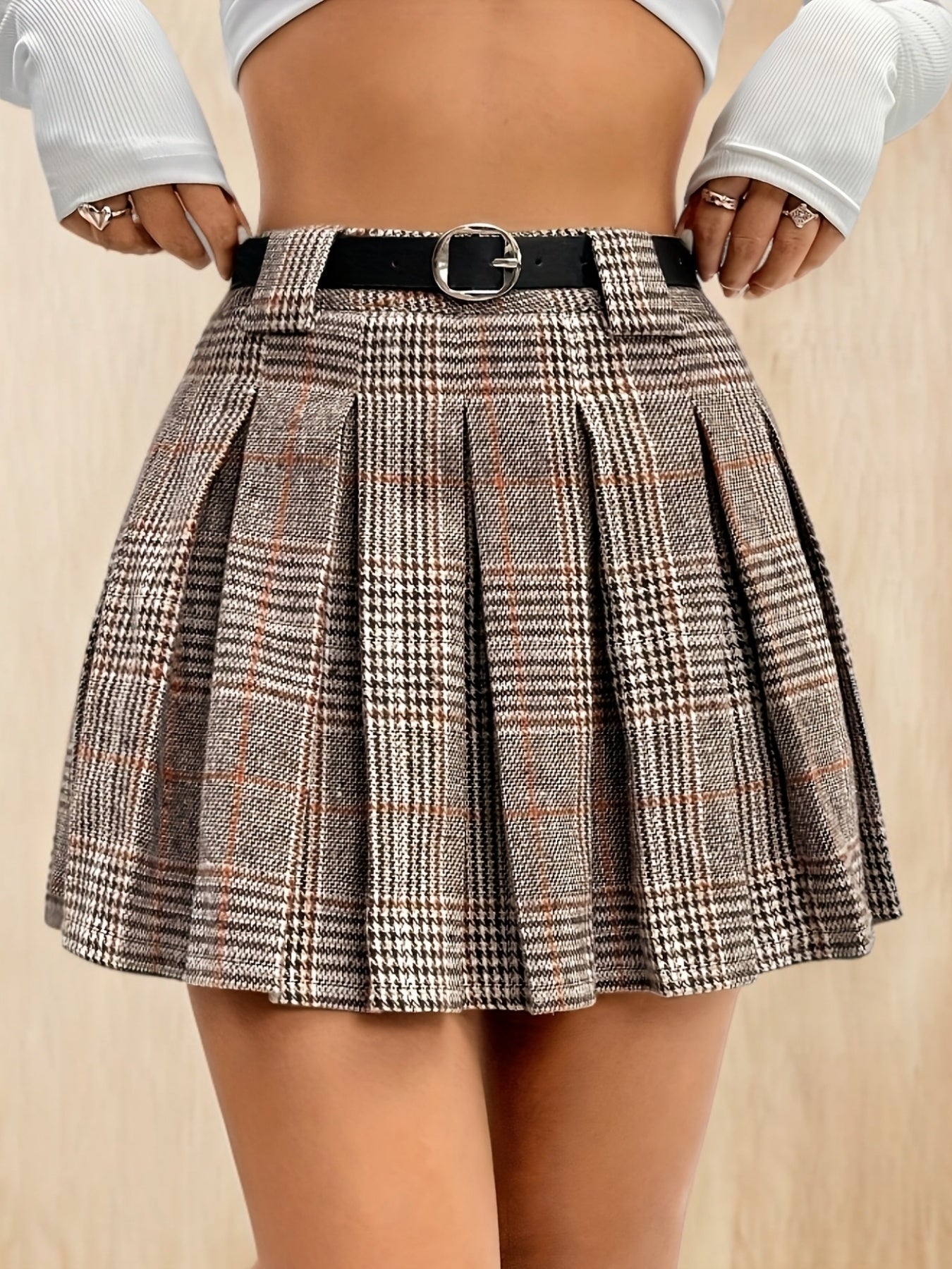 Small Group Targeted Development Elegant Special Houndstooth Pleated Skirt (No Belt)