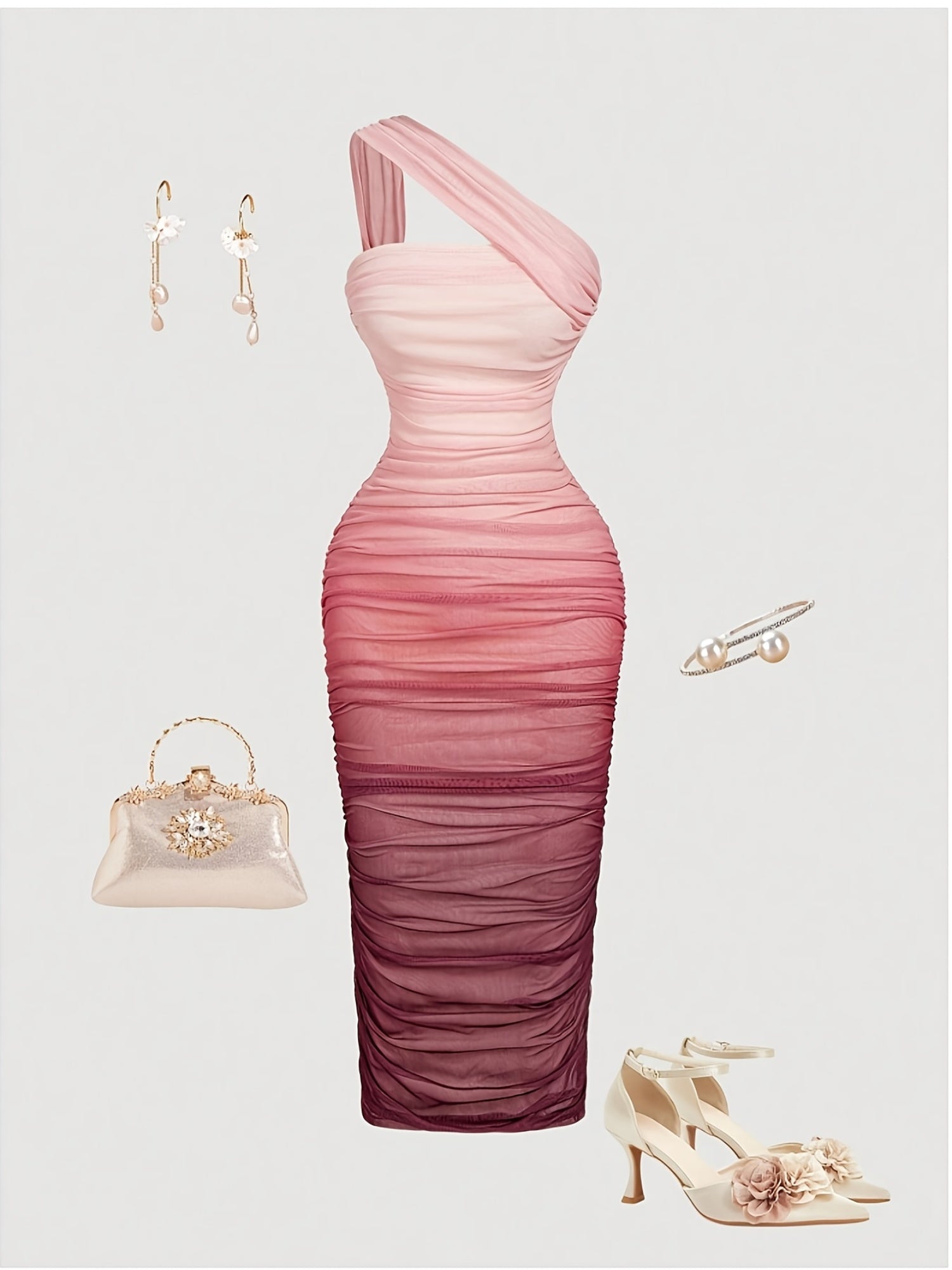 Exquisite Fashionable Women'S Elegant Date Party Attire Wedding Guest Graduation Birthday Evening Gown Gradient Color Mesh Paneled Asymmetrical Tailored Waist-Cinched Bodycon Sleeveless Dress Bridesmaid Dress Women'S