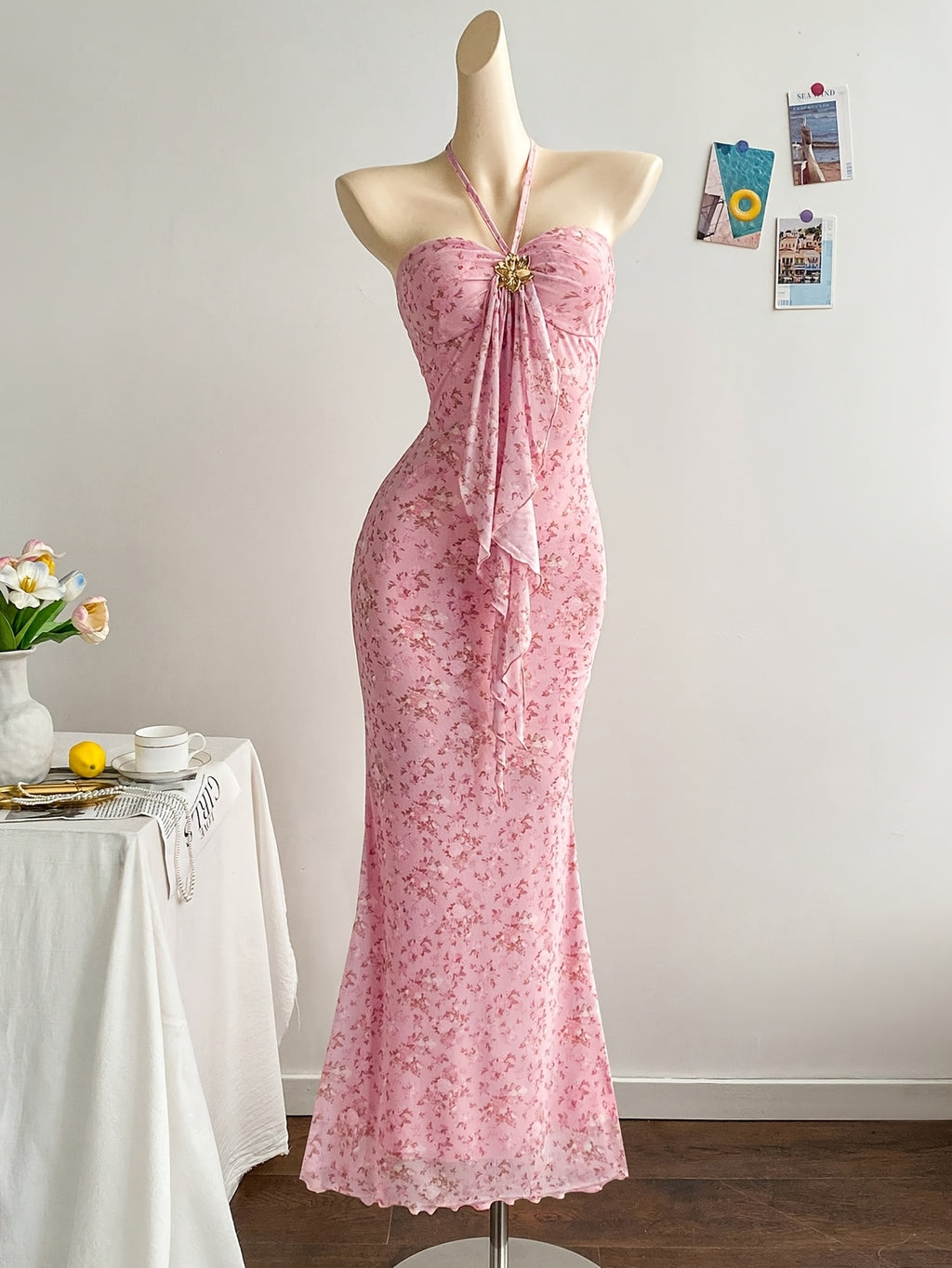 Women's Floral Metal Flower Strappy Bodycon Maxi Dress