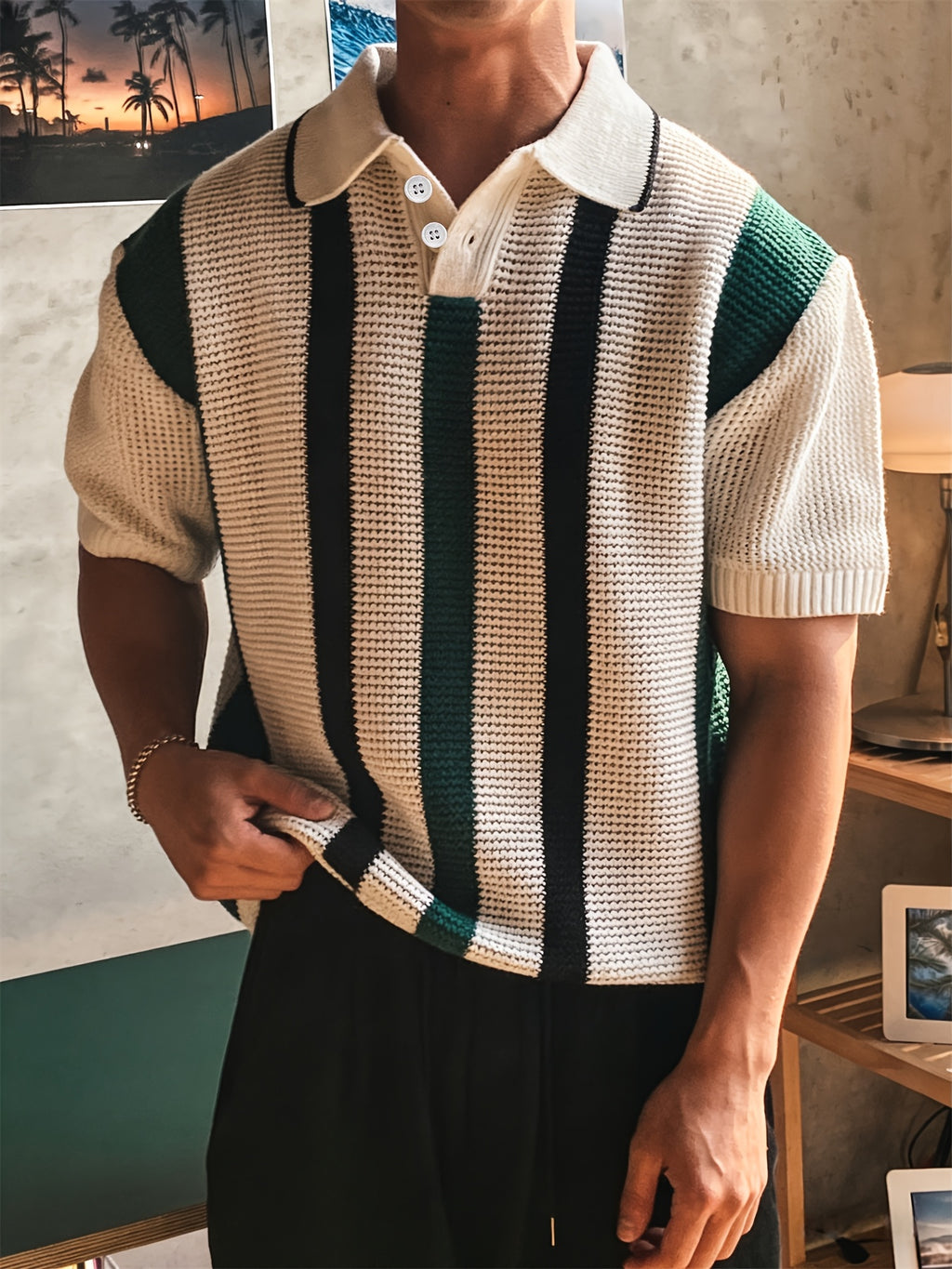 Men's Striped Contrast Polo Knit Pullover