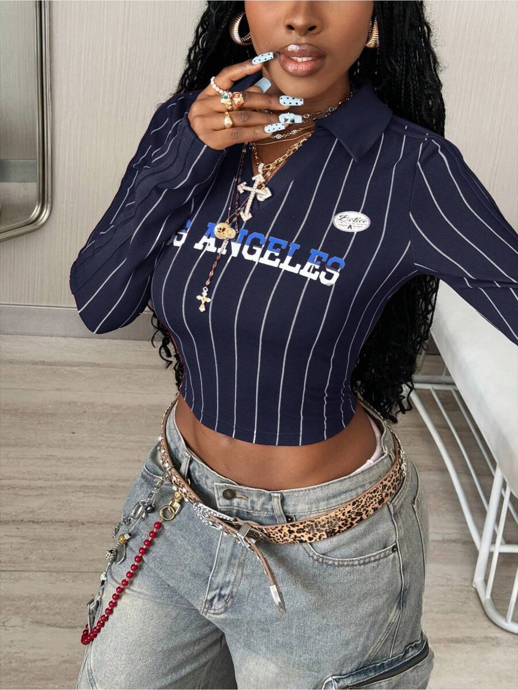 Plus Size Y2K Vintage Striped Lapel Long Sleeve Crop Top