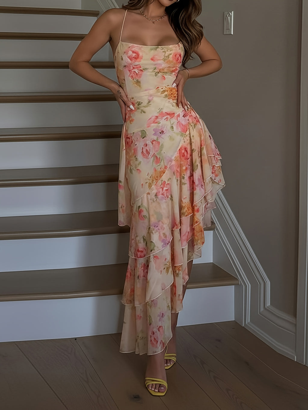 Elegant Vacation Style Floral Print Dress, Asymmetrical Ruffled Flared Suspender Dress Women'S Summer Beach Outing Long Dress
