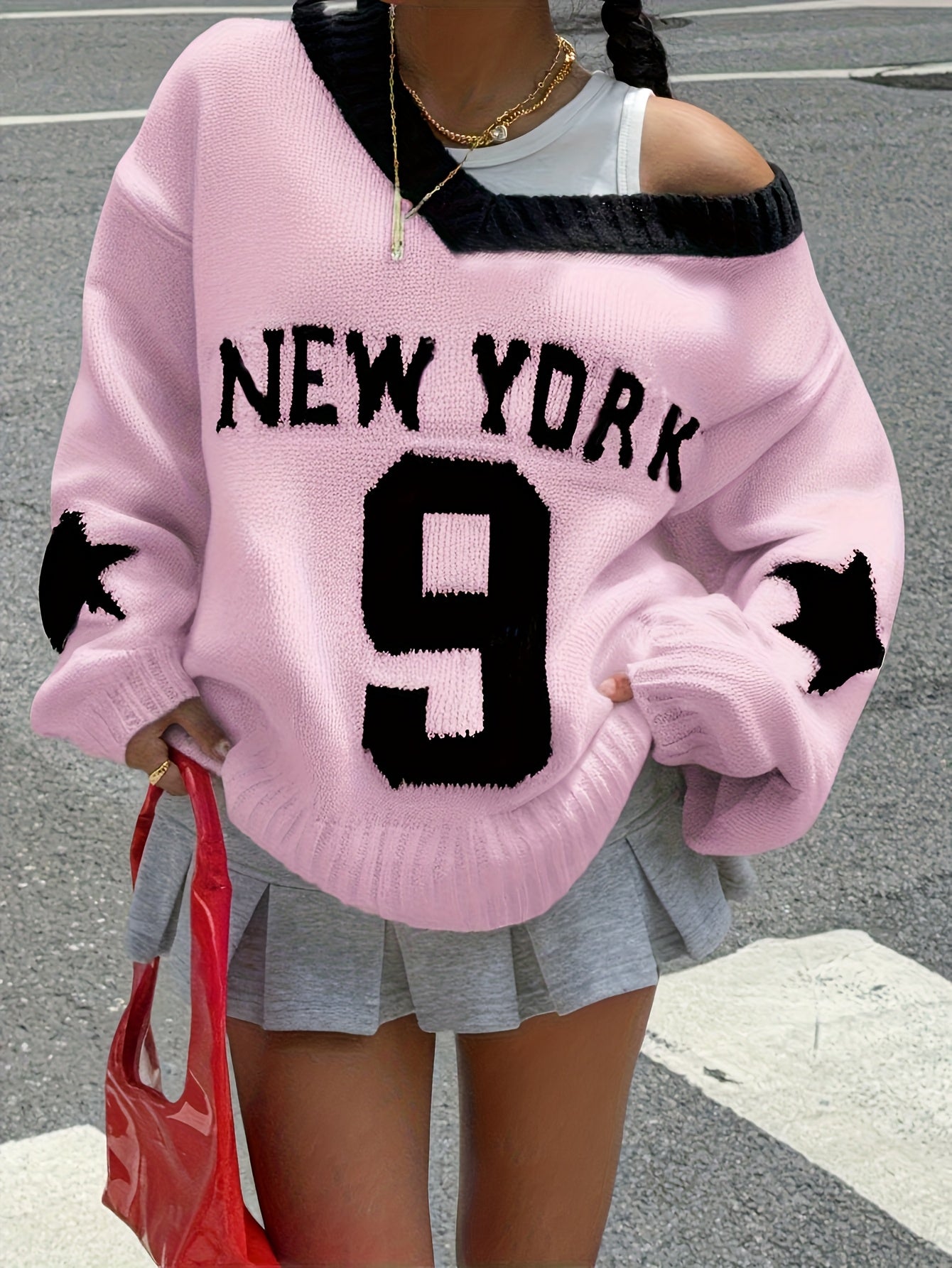 Women's Star Print V-Neck Retro American Loose Pullover