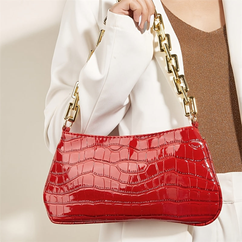 Fashionable Armpit Bag, Retro Crocodile Pattern Handbag, New Style, Simple Chain, Solid Color Shoulder Bag