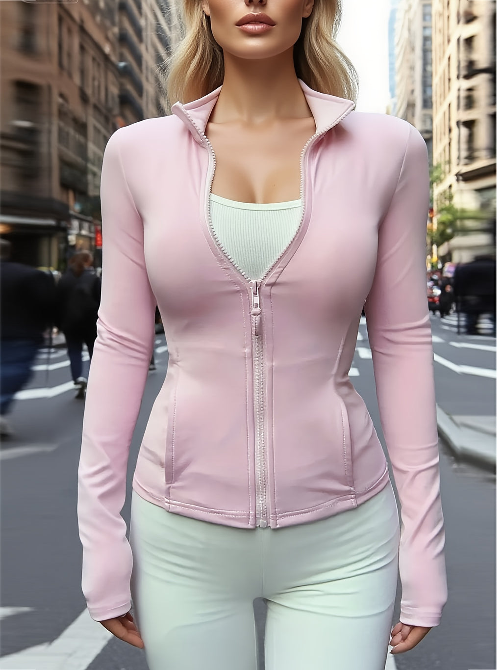 Women's Slim-Fit Short Cropped Long Sleeve Jacket - Stand Collar Zipper Front, Medium Stretch Casual y Outerwear for Spring Summer Fall, Machine Washable Solid Color, Apparel, Seasonal Wear, Modern Look, Durable Fabric, Elasticity Comfort