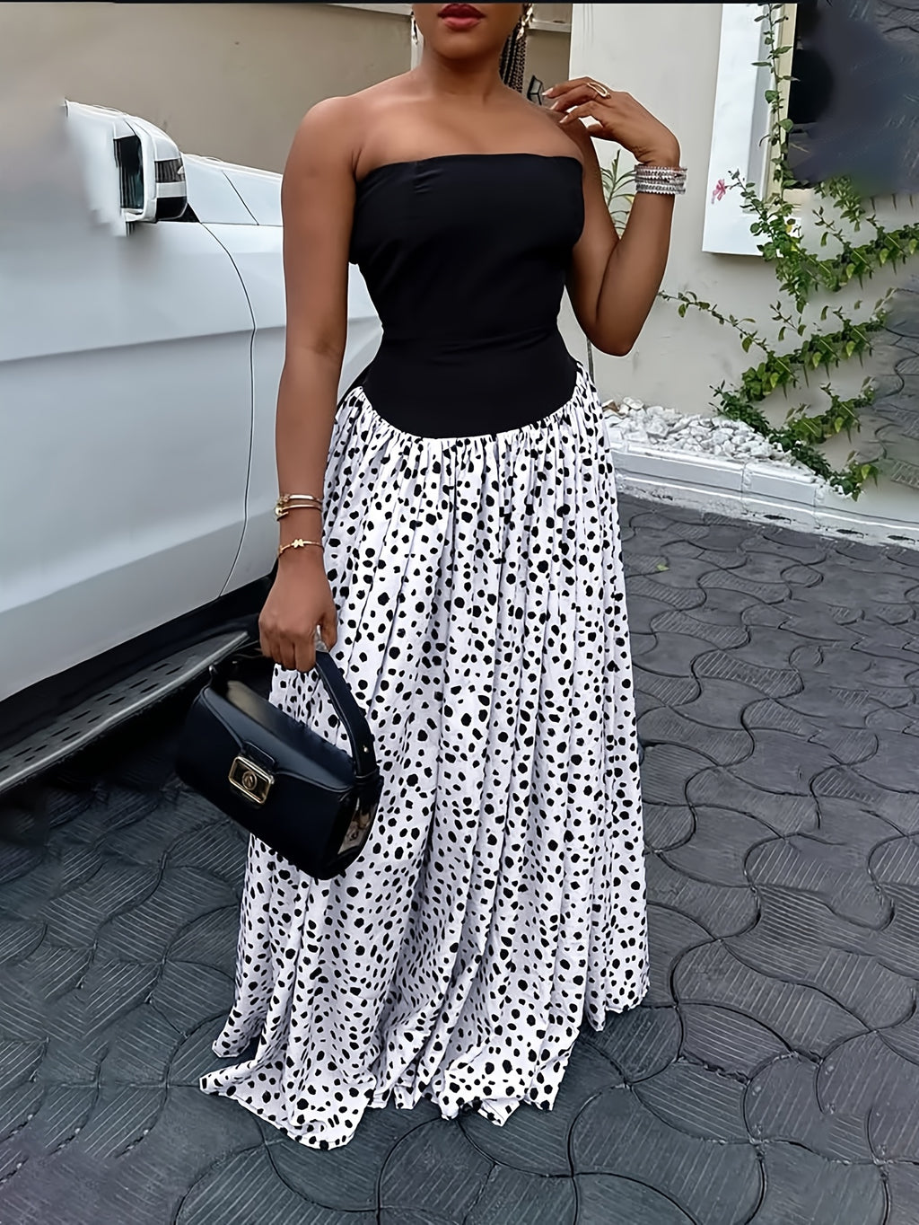 Black Strapless Polka Dot Print Long Dress Women'S Summer French Retro Elegant High Waist Drape, Suitable for Daily Wear, Commuting, Going Out, Traveling, Parties, Vacations, Music Festivals And Other Occasions