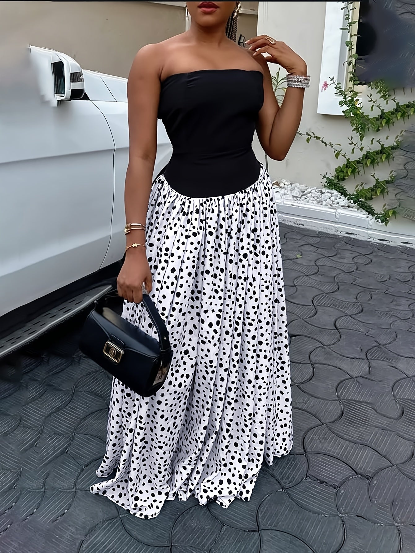 Black Strapless Polka Dot Print Long Dress Women'S Summer French Retro Elegant High Waist Drape, Suitable for Daily Wear, Commuting, Going Out, Traveling, Parties, Vacations, Music Festivals And Other Occasions