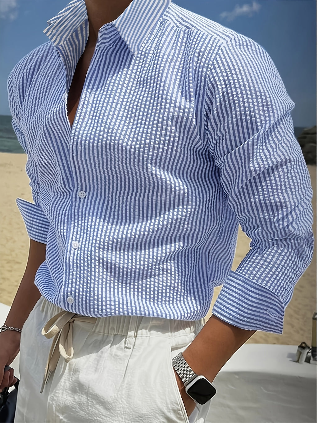 Unisex Striped Bubble Gauze Lapel Shirt