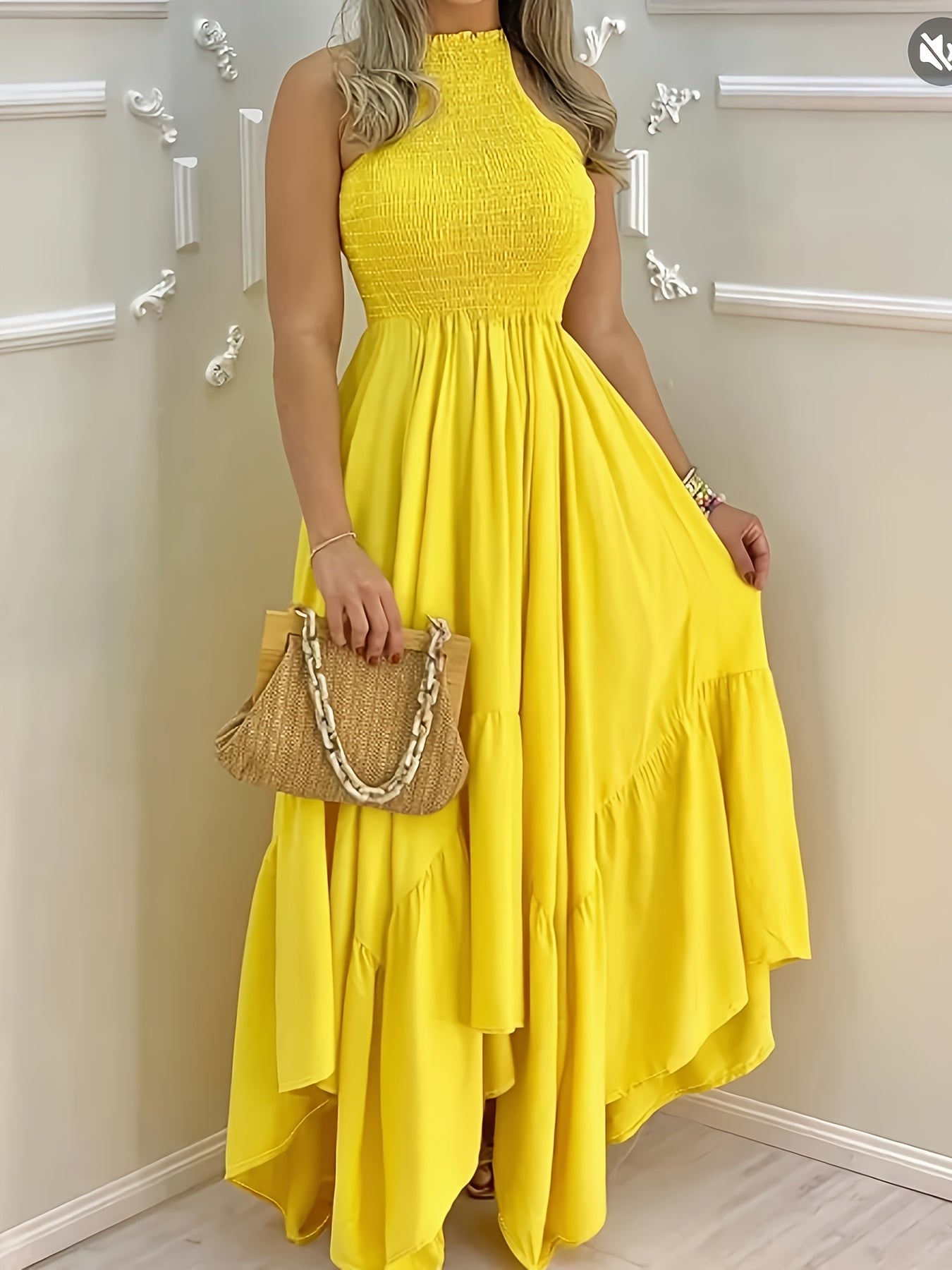 2025 New European and American Style Women's Yellow Dress, Sleeveless Elegant Temperament Wrap Design, High Waist, Puffy Mermaid Hem, Solid Color French-Style Light Luxury Vacation Style Maxi Dress, Gavin