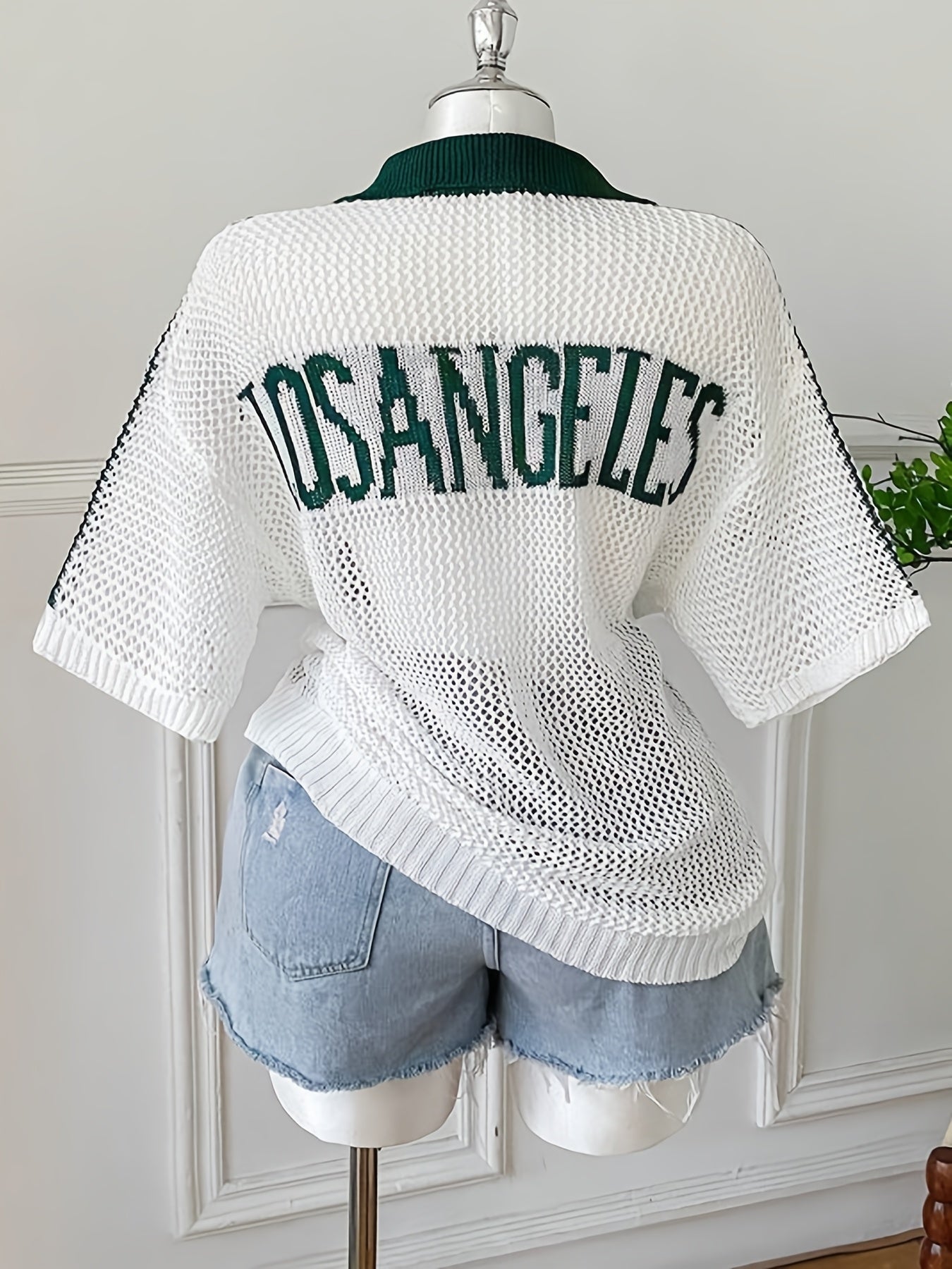 Plus Size - Plus Size - 2026 New European And American Plus Size College Style Big Letter Mesh T-Shirt, American Vintage Color Block Polo Collar Summer Hollow Loose Short Sleeve Top