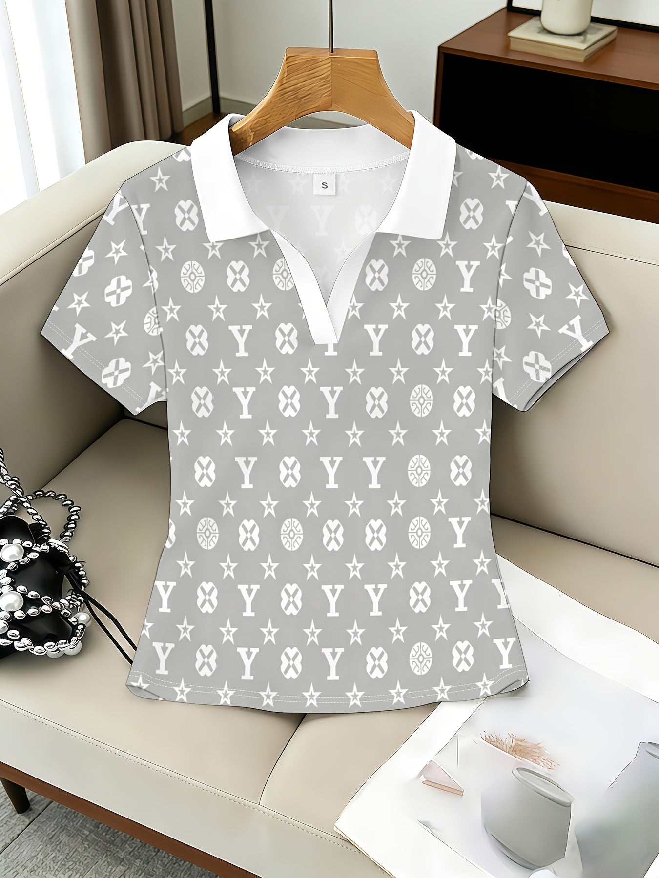 Women's Letter Star Print Lapel Short Sleeve T-Shirt