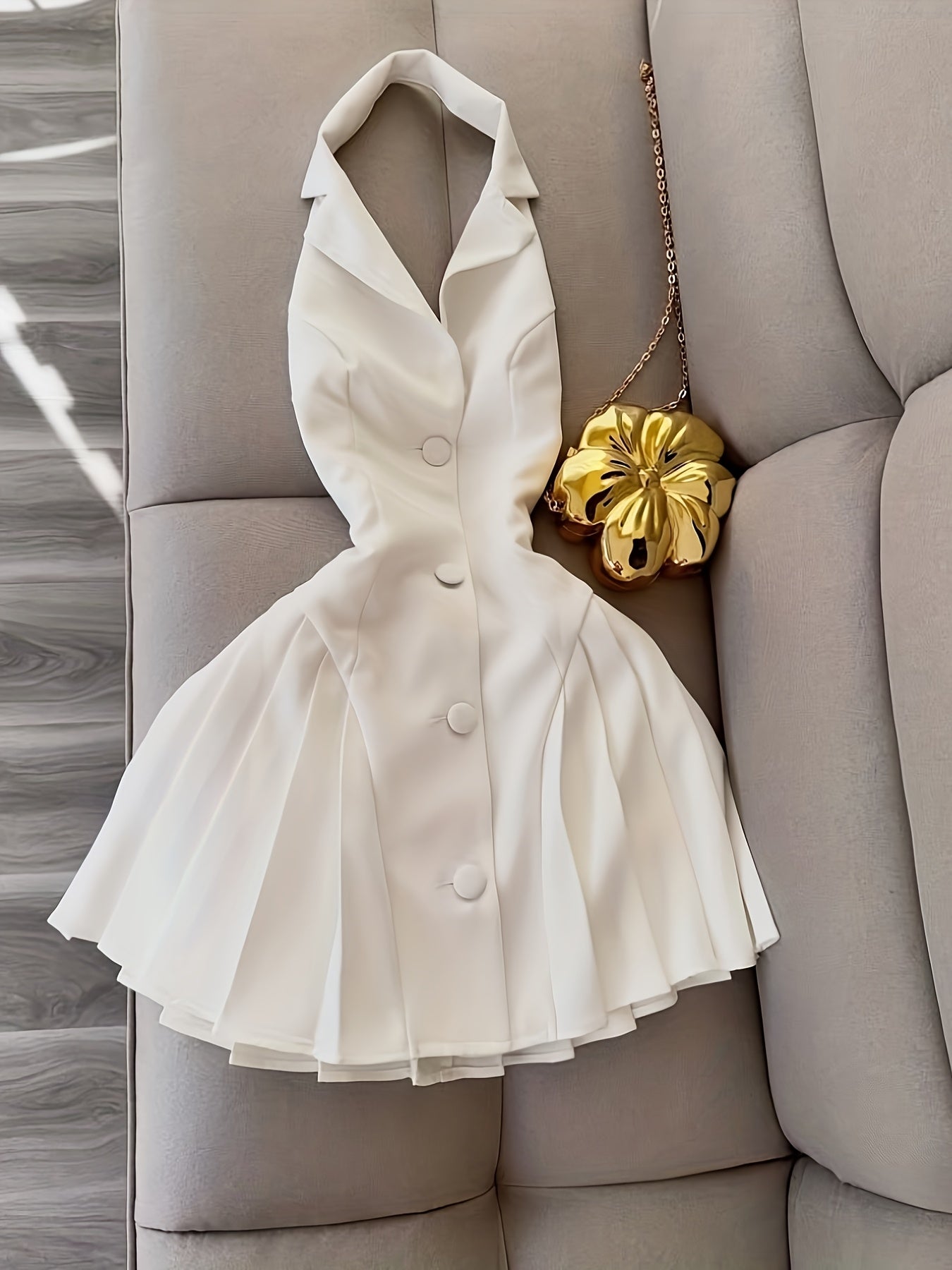 Button Pleat A-Line Dress