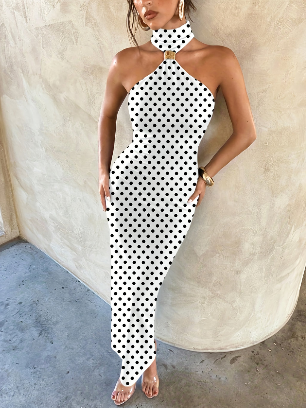 Women's Polka Dot Metal Buckle Hollow Slim Knit Dress