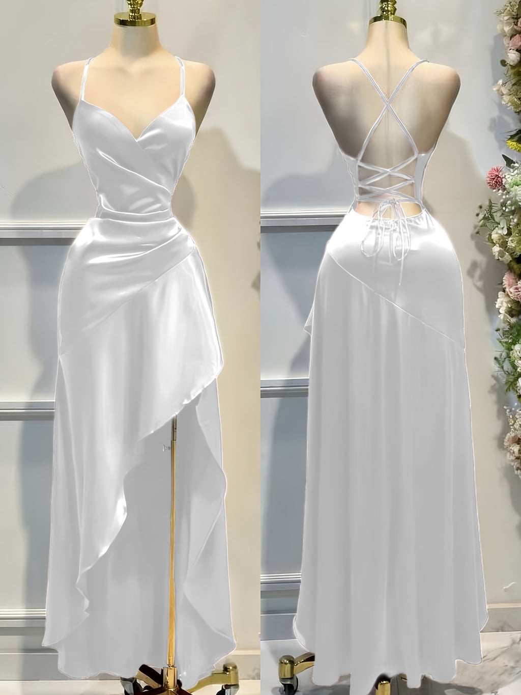 Elegant Women's Solid Color Satin Spaghetti Strap Asymmetrical Ruched Hem Open Back Tie-Waist Slit Dress for Banquet Party Wedding Bridesmaid Gown