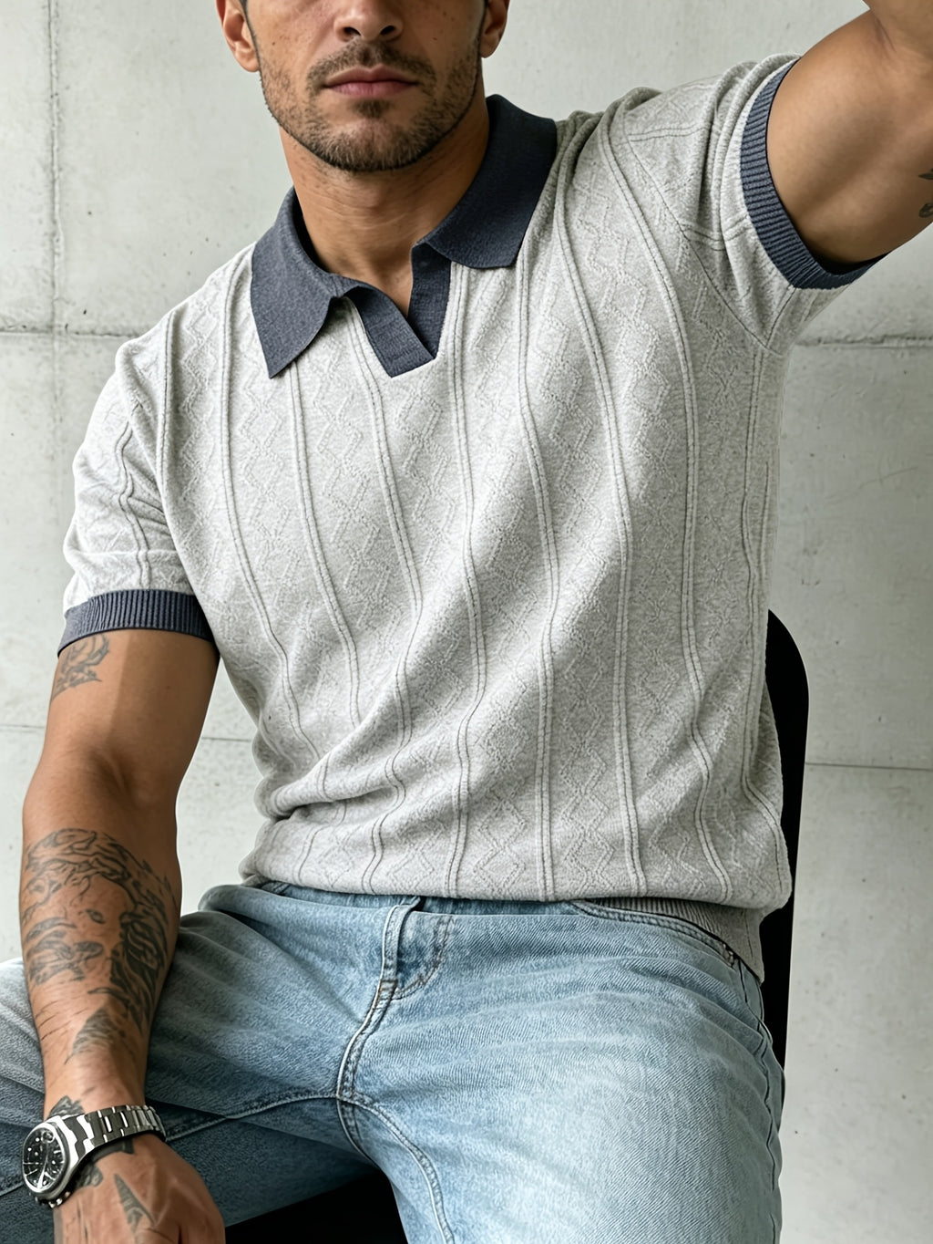 Men'S Jacquard Knit Short Sleeve, Summer Contrast Collar T-Shirt, Suitable for Office Commute, Golf