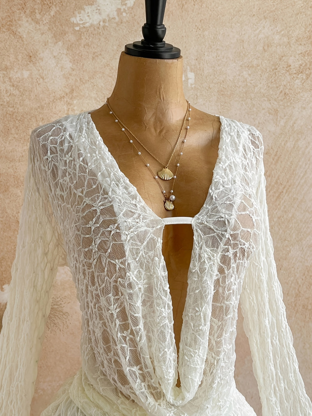 Women's White Lace V-Neck Flared Sleeve Dress