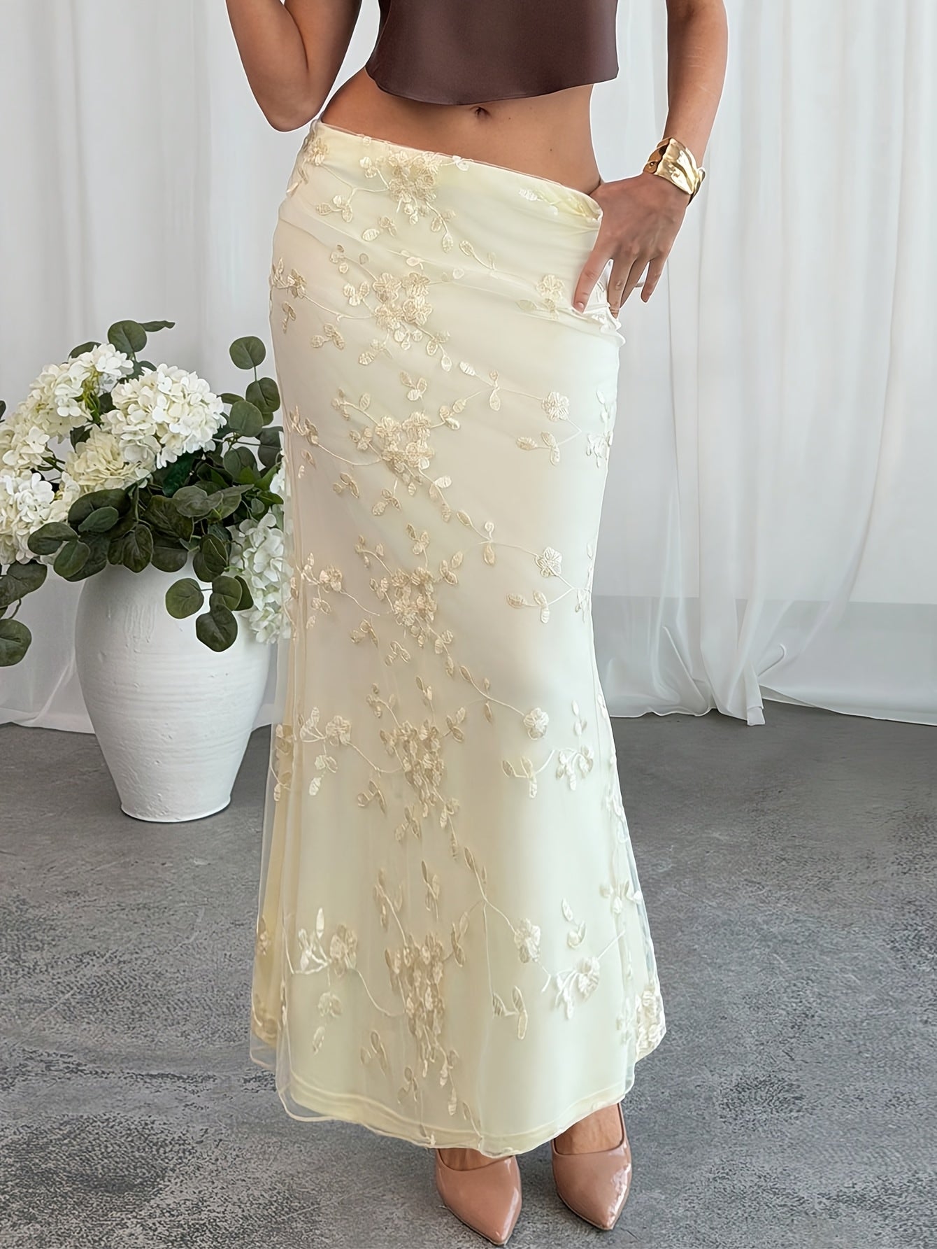 Women's Solid Embroidered Mesh Casual Maxi Dress