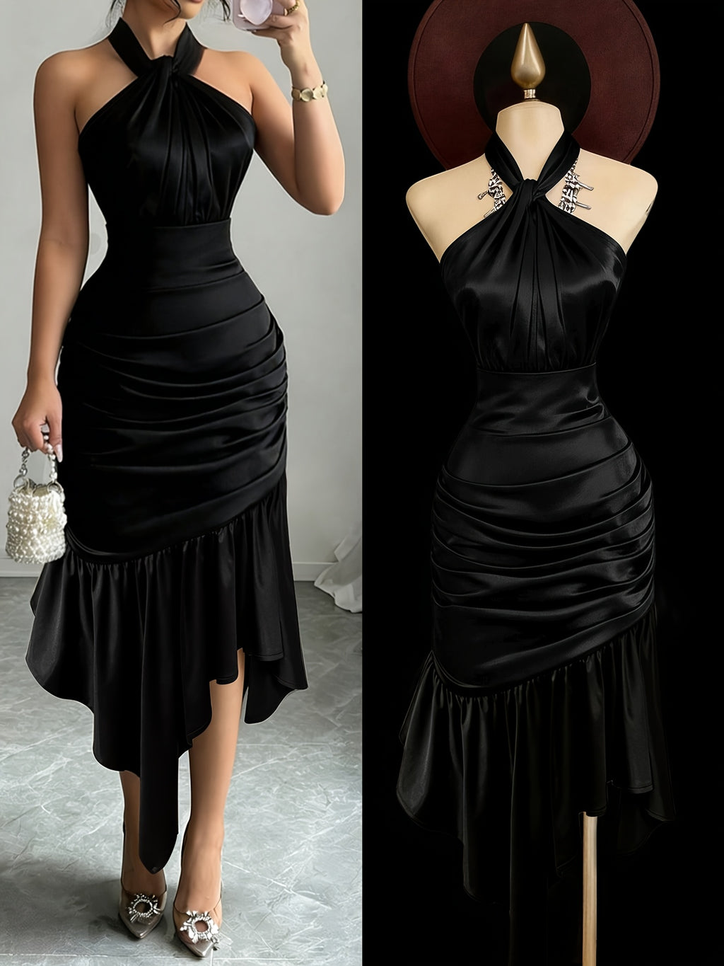 Black Satin Halter Ruched Dress
