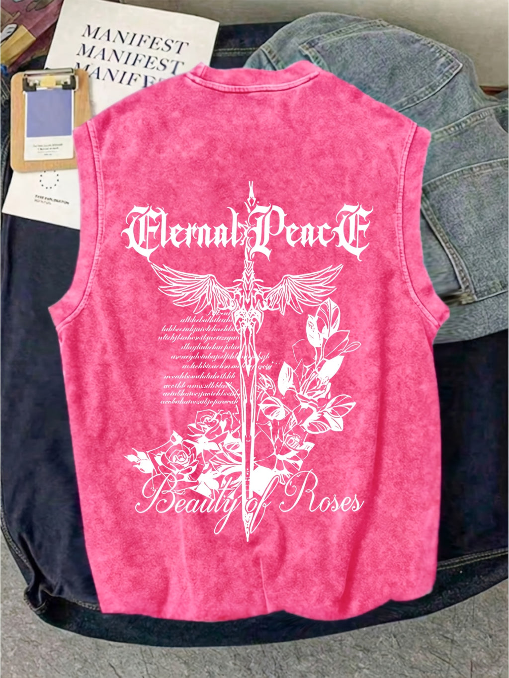 Men's Washed Vest with Gothic Cursive "Eternal Peace" Printed on the Chest in Sharp, Ornate Lettering That Instantly Evokes a Cool, Artistic Vibe. The Heavyweight Fabric Is Stiff and Resistant to Deformation. Whether for Weightlifting or Streetwear