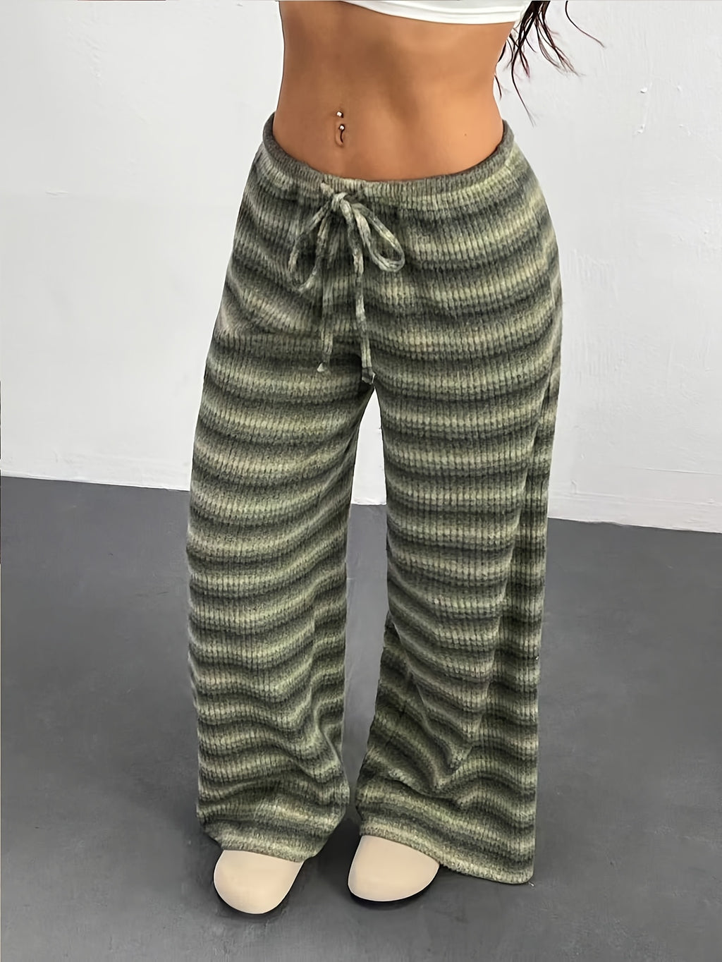 Women’s athletic wide-leg pants, drawstring, high-waist, drapey elastic fabric, lightweight.