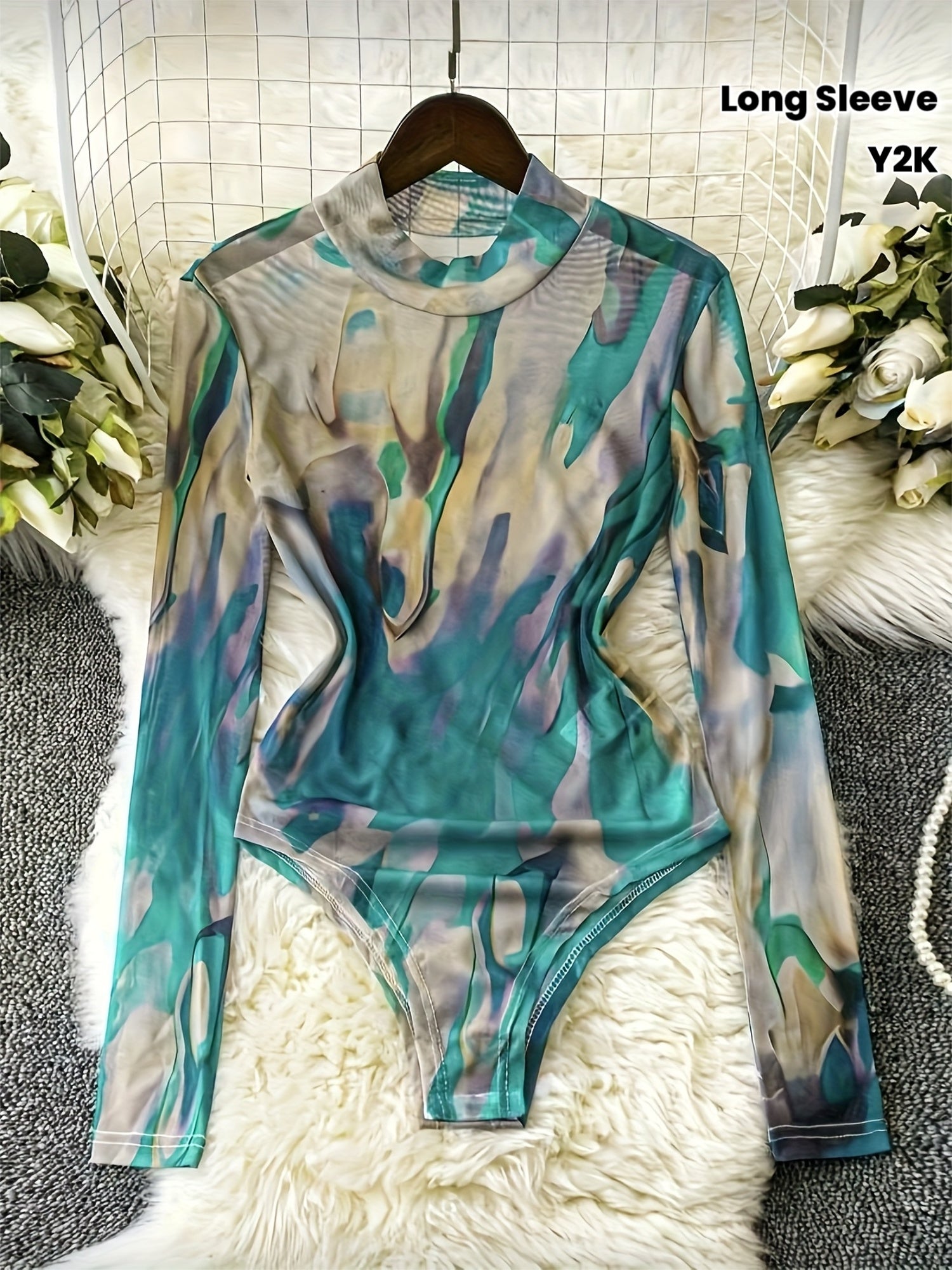 Women's Y2K Tie-Dye Mesh Long Sleeve Fitted Jumpsuit